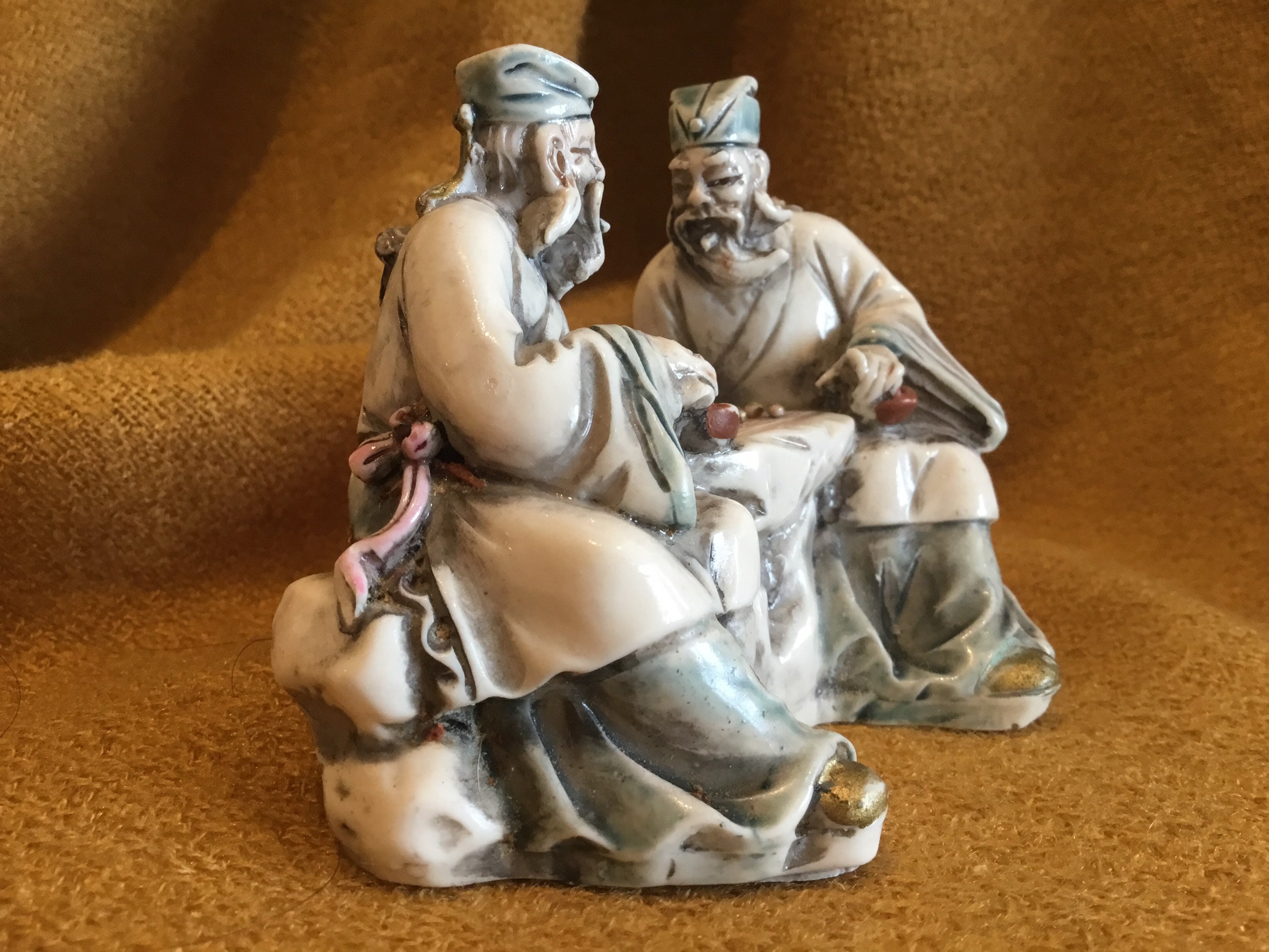Vintage Chinese Miniature | 1960s Signed Resin Figurine, Elderly Couple Playing Cards — photo 5 of 7