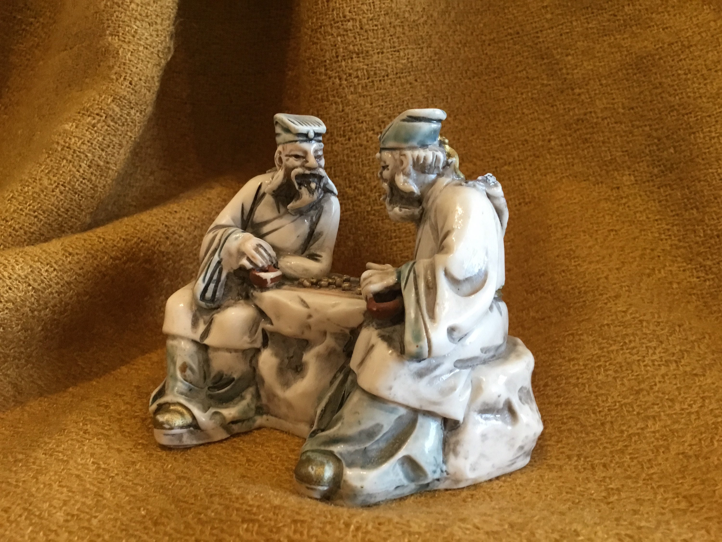 Vintage Chinese Miniature | 1960s Signed Resin Figurine, Elderly Couple Playing Cards — photo 6 of 7