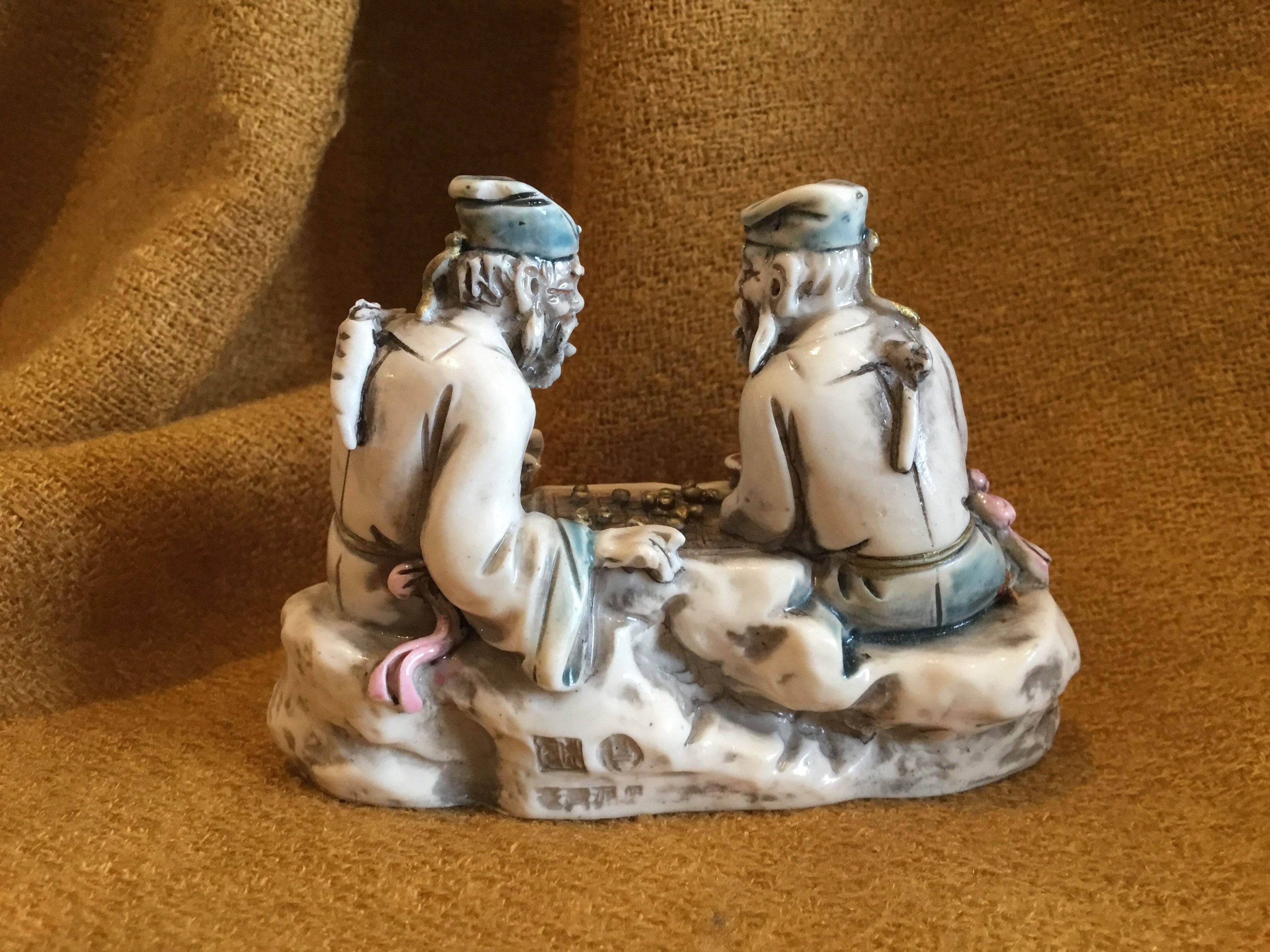Vintage Chinese Miniature | 1960s Signed Resin Figurine, Elderly Couple Playing Cards — photo 7 of 7