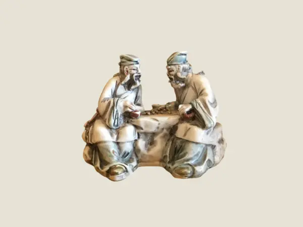 Vintage Chinese Miniature | 1960s Signed Resin Figurine, Elderly Couple Playing Cards