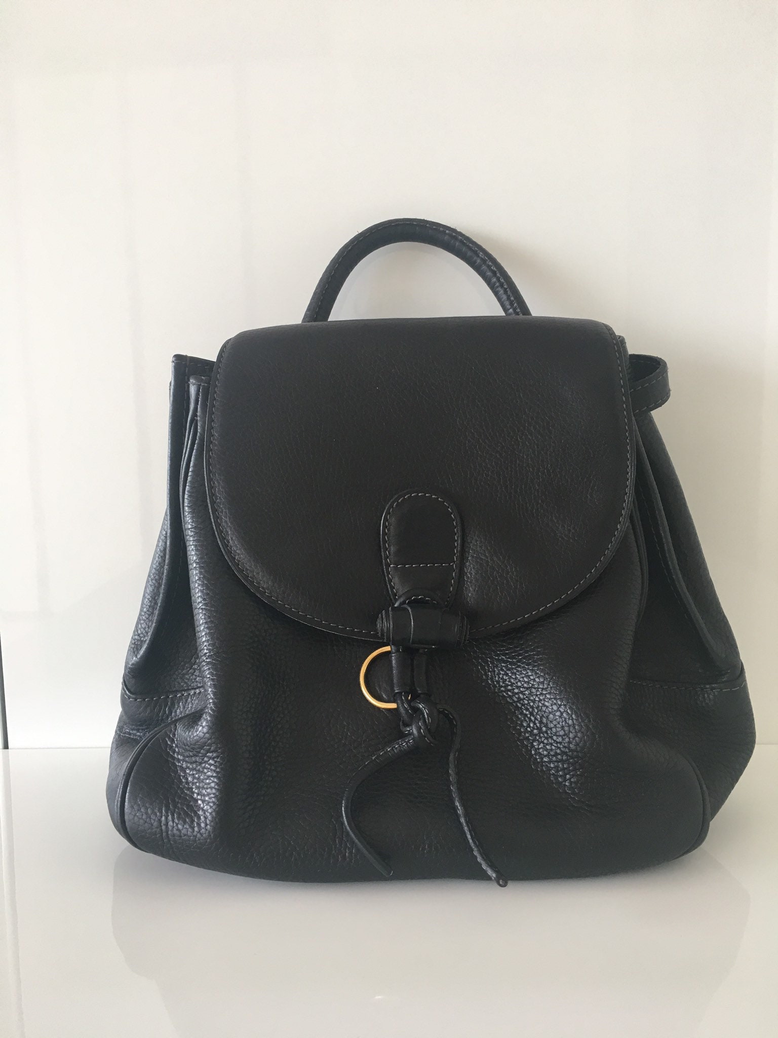 Vintage Backpack | S en Ciel Belgian Designer [1980s] Delvaux Craftsman Black Leather — photo 2 of 6