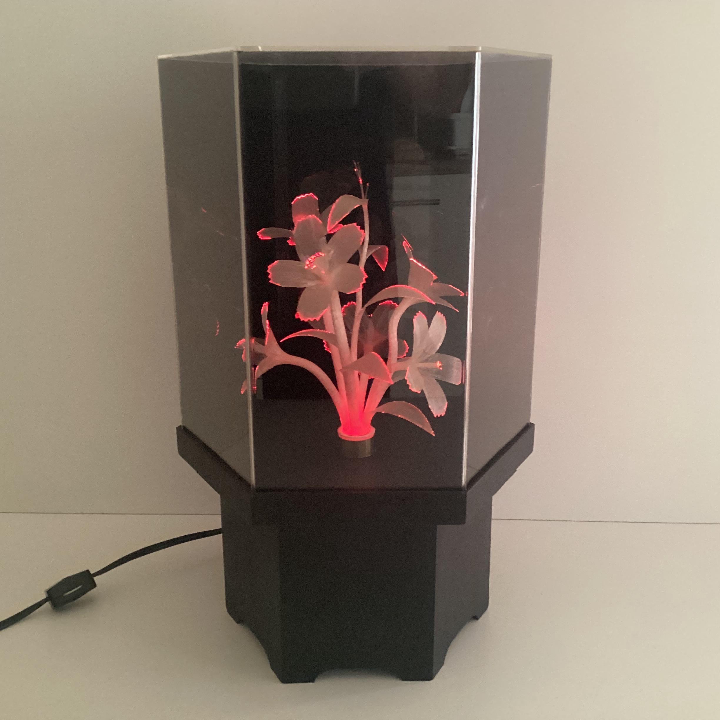 Vintage Lamp | 1970s Italian Plexiglas Light, Rotating Optic Fiber Flowers — photo 2 of 8