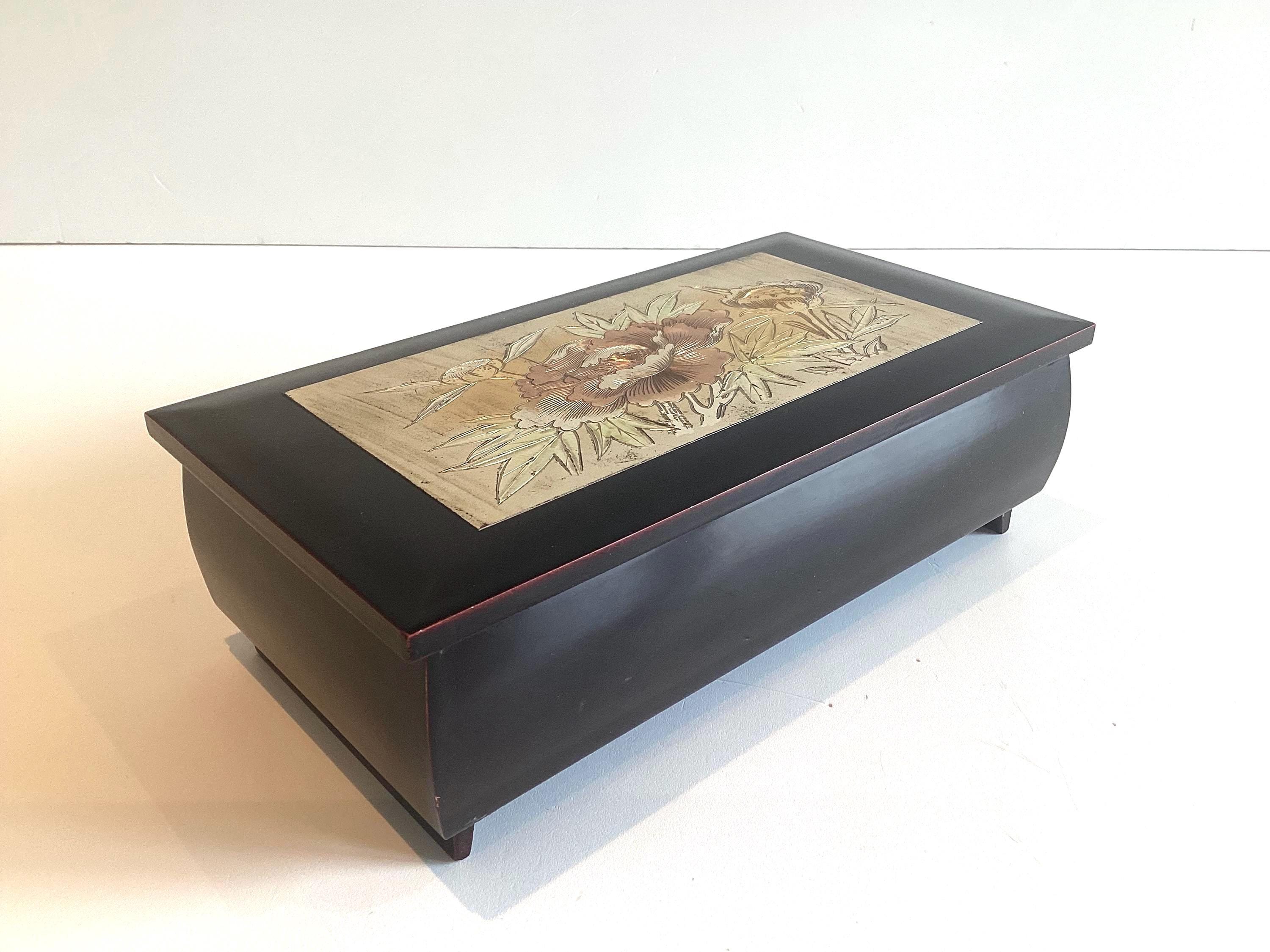 Vintage Japanese Music Box | Chokin Art Black Lacquer, Sankyo Movement Jewelry Case — photo 2 of 11