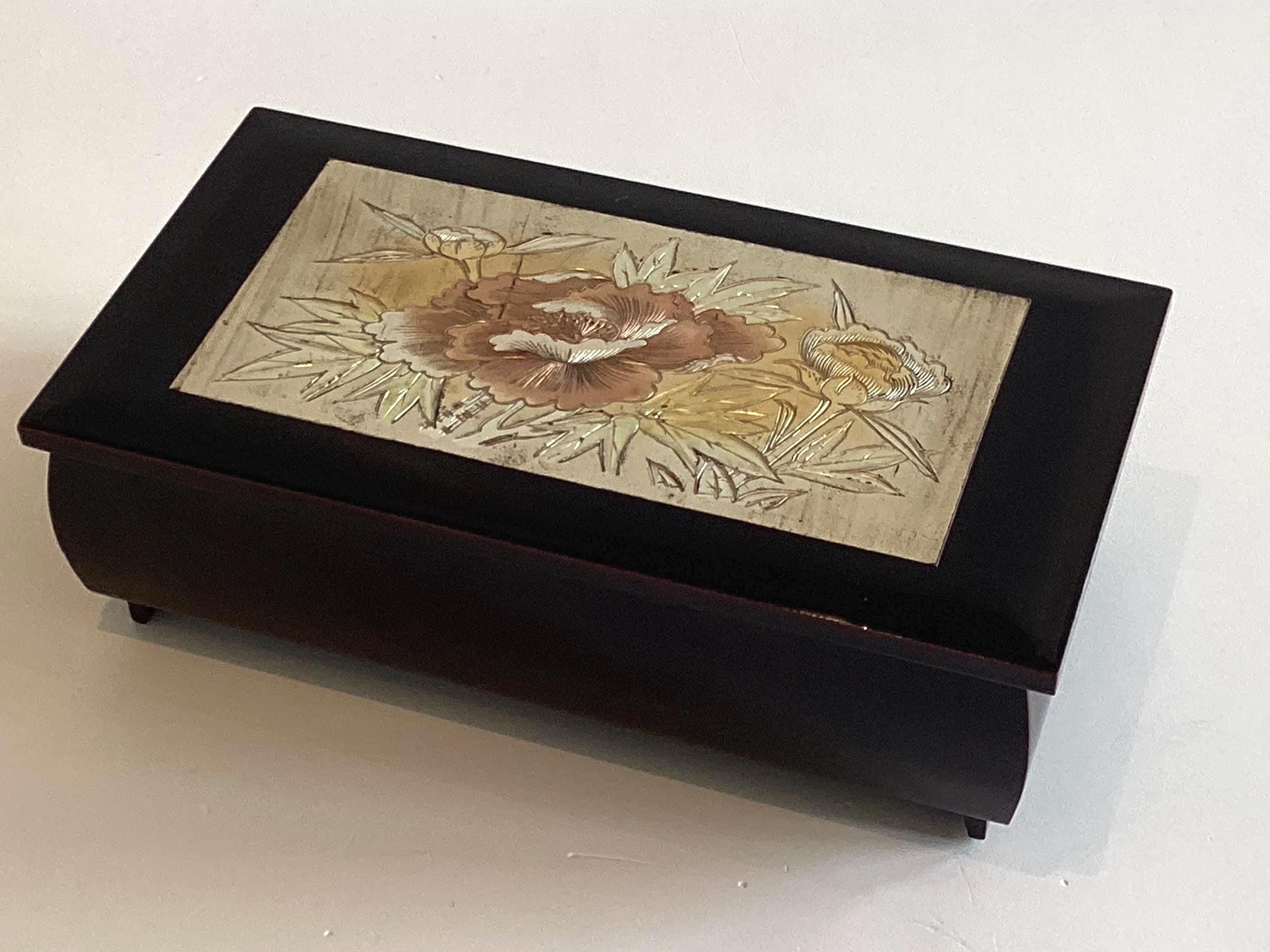 Vintage Japanese Music Box | Chokin Art Black Lacquer, Sankyo Movement Jewelry Case — photo 4 of 11