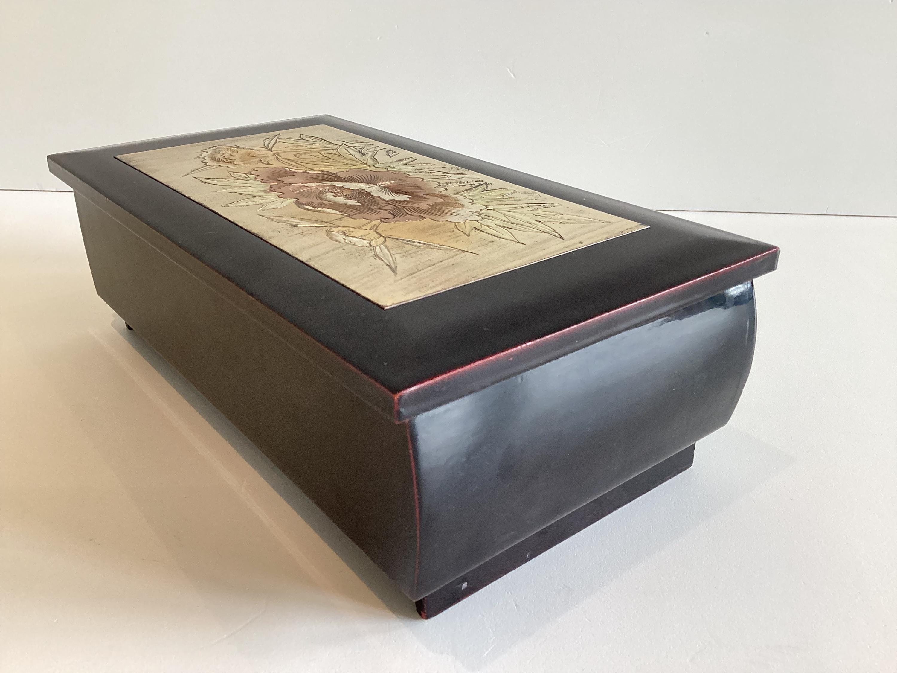 Vintage Japanese Music Box | Chokin Art Black Lacquer, Sankyo Movement Jewelry Case — photo 7 of 11