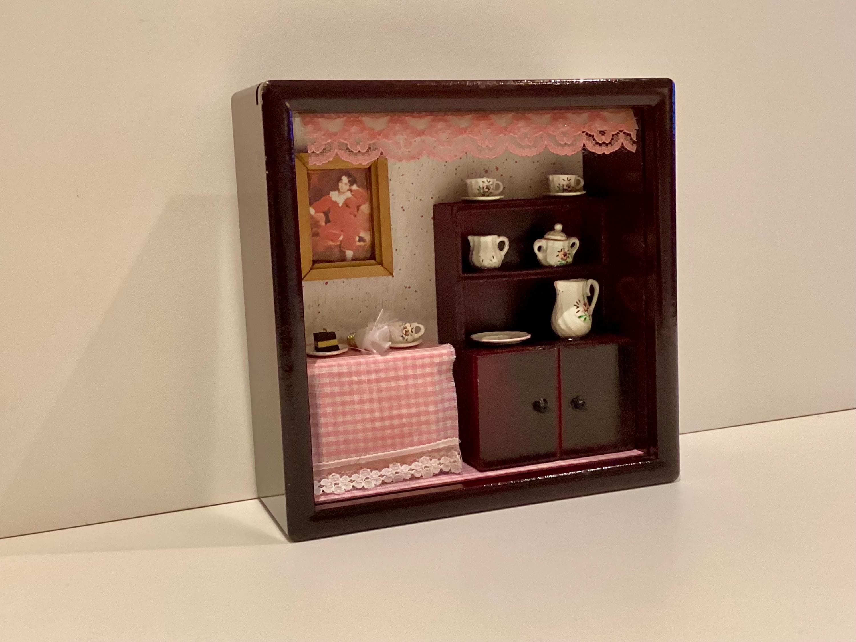 Miniature Diorama Shadow Box Wooden Cabinet Hand Painted Tea Set Dollhouse Decor Vintage — photo 2 of 9
