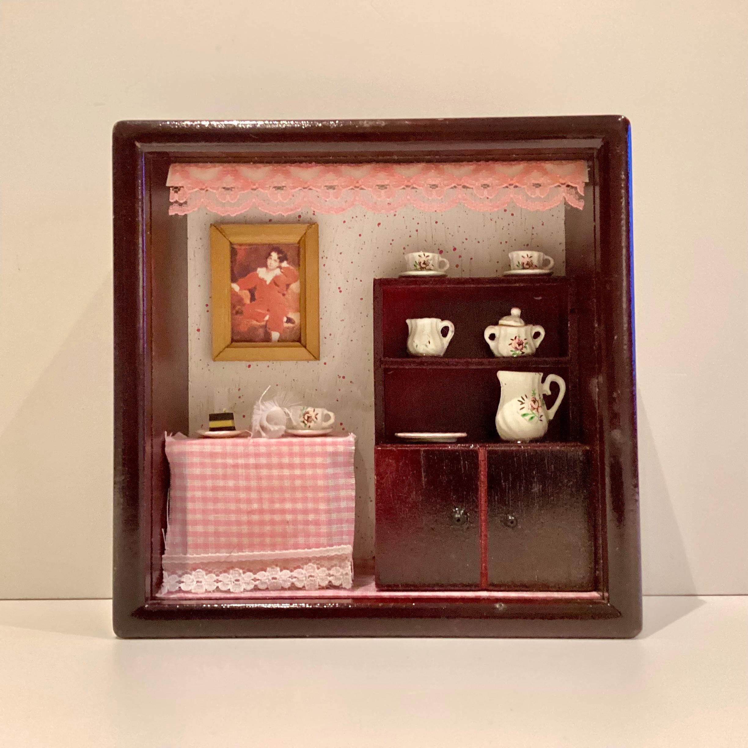 Miniature Diorama Shadow Box Wooden Cabinet Hand Painted Tea Set Dollhouse Decor Vintage — photo 3 of 9