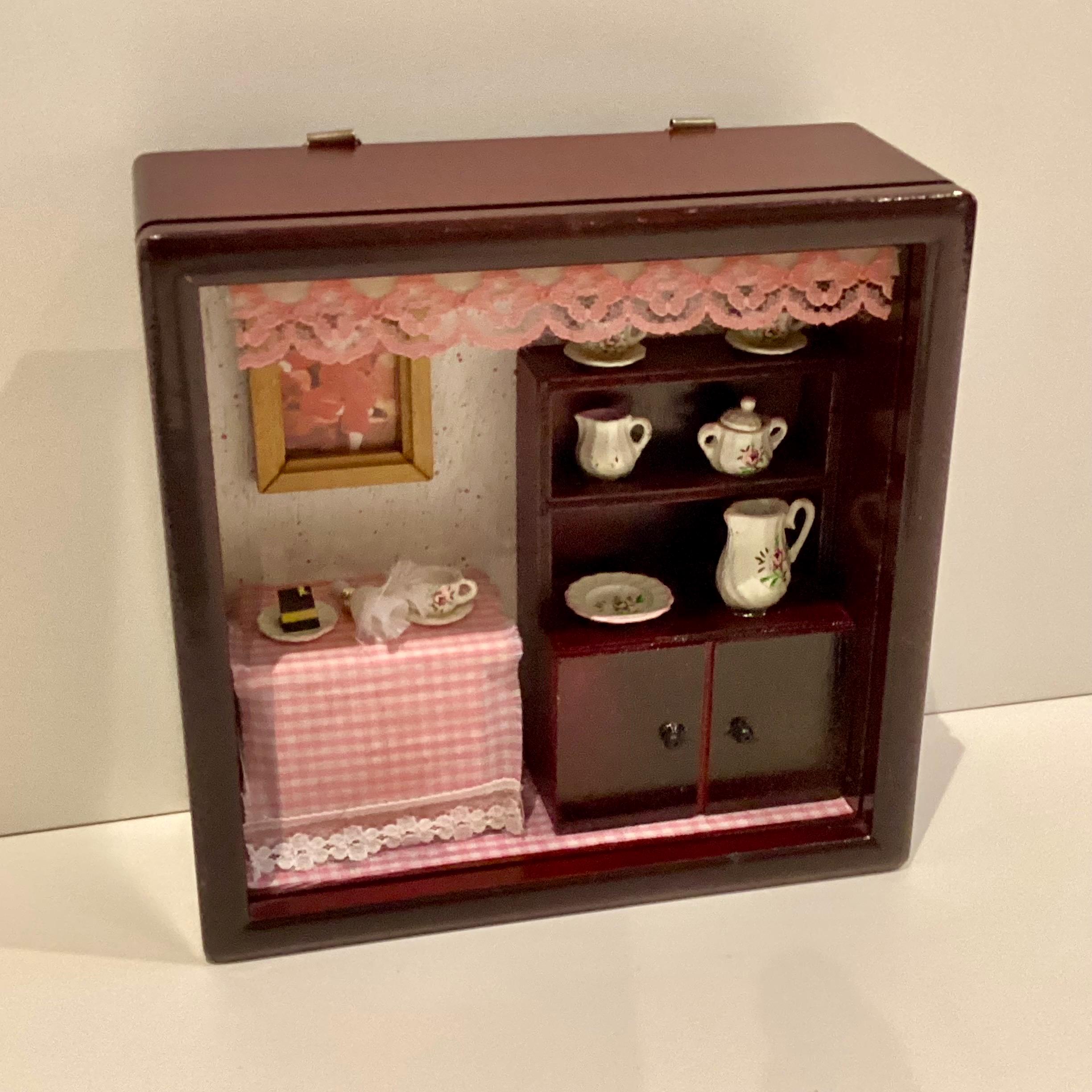 Miniature Diorama Shadow Box Wooden Cabinet Hand Painted Tea Set Dollhouse Decor Vintage — photo 4 of 9