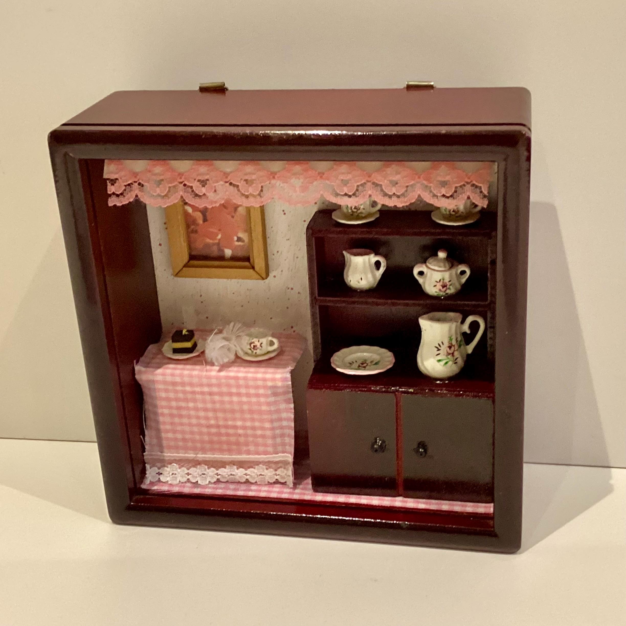 Miniature Diorama Shadow Box Wooden Cabinet Hand Painted Tea Set Dollhouse Decor Vintage — photo 5 of 9