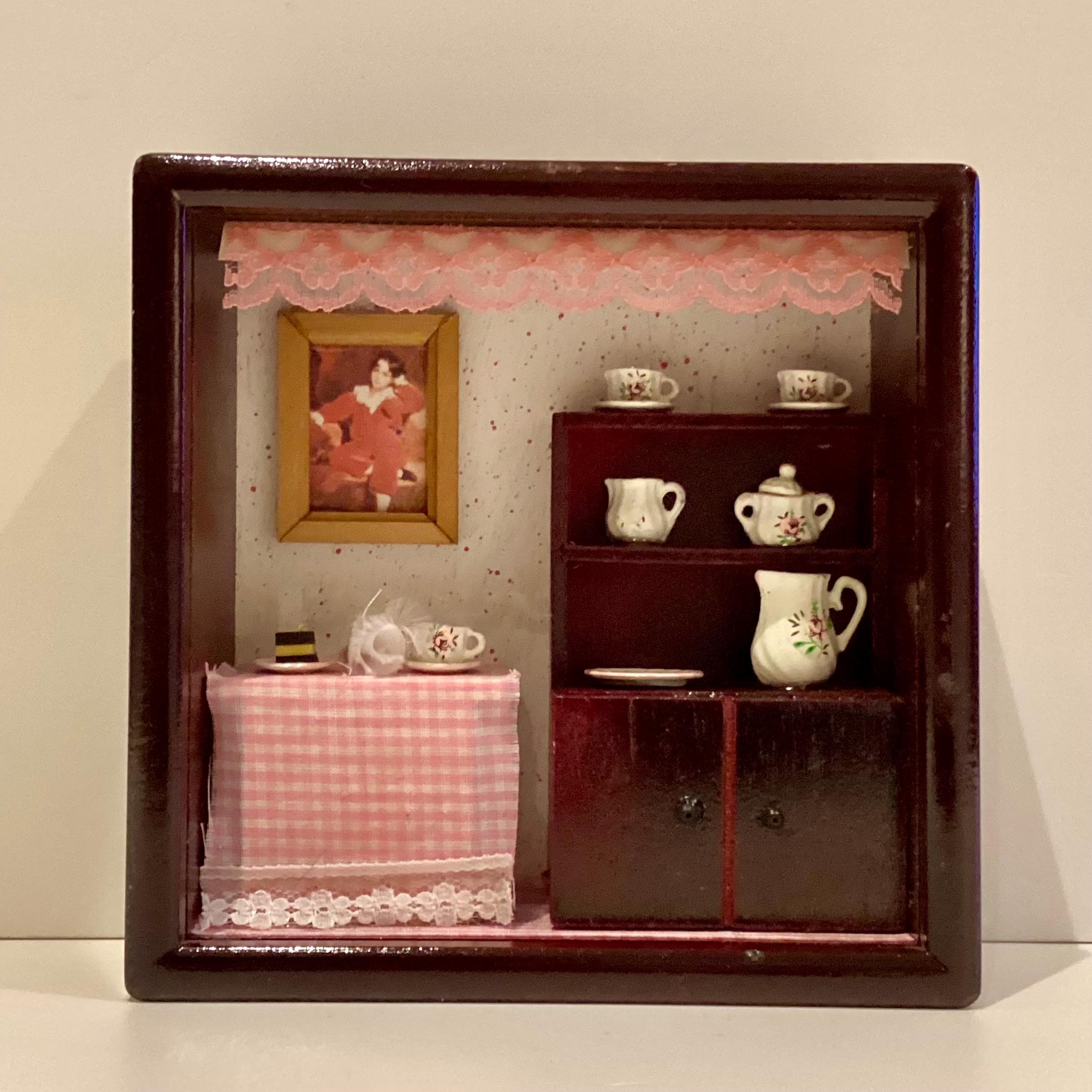Miniature Diorama Shadow Box Wooden Cabinet Hand Painted Tea Set Dollhouse Decor Vintage — photo 6 of 9