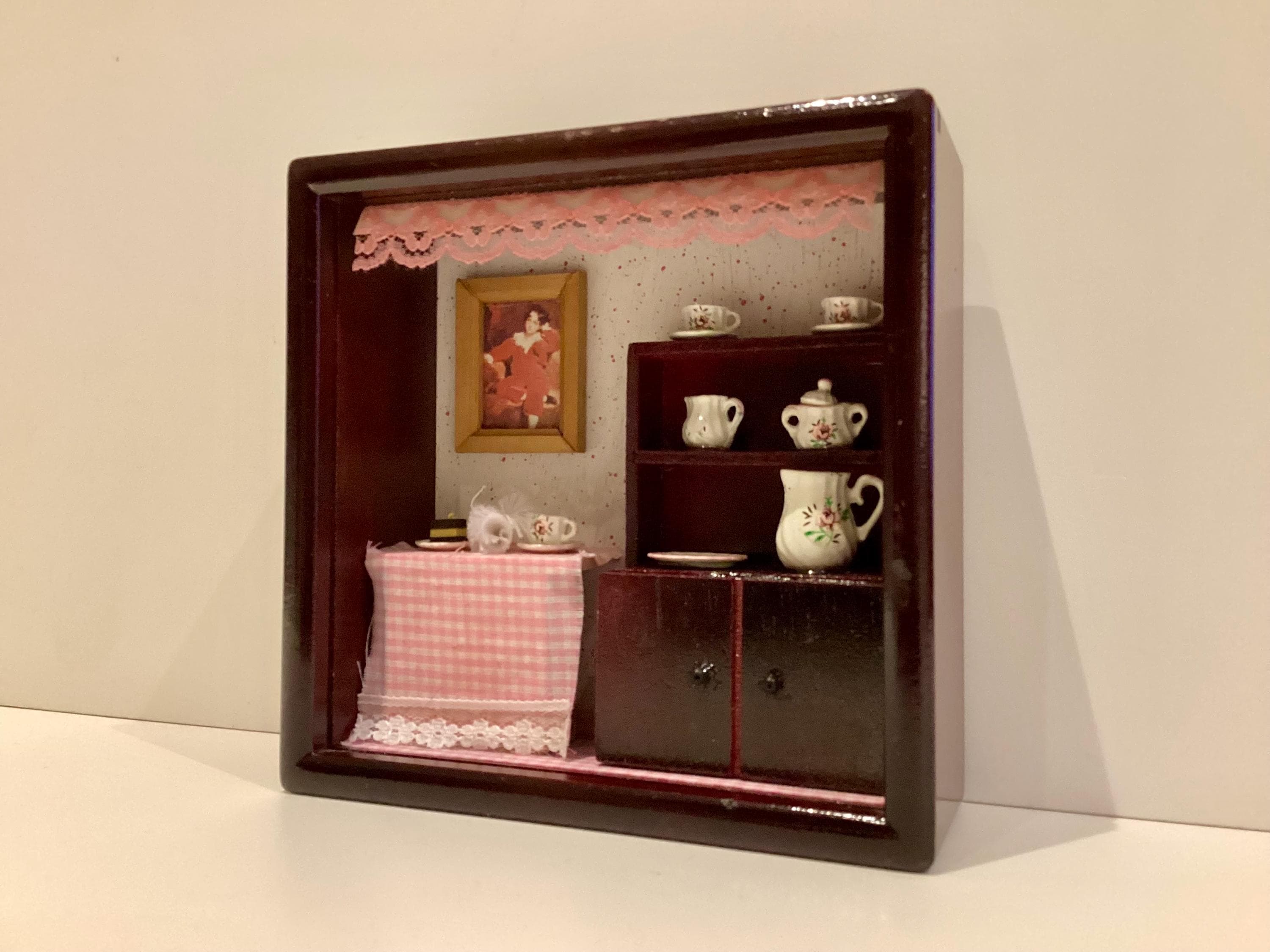 Miniature Diorama Shadow Box Wooden Cabinet Hand Painted Tea Set Dollhouse Decor Vintage — photo 7 of 9