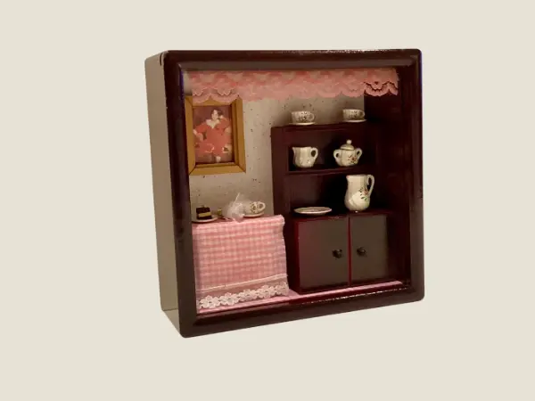 Miniature Diorama Shadow Box Wooden Cabinet Hand Painted Tea Set Dollhouse Decor Vintage