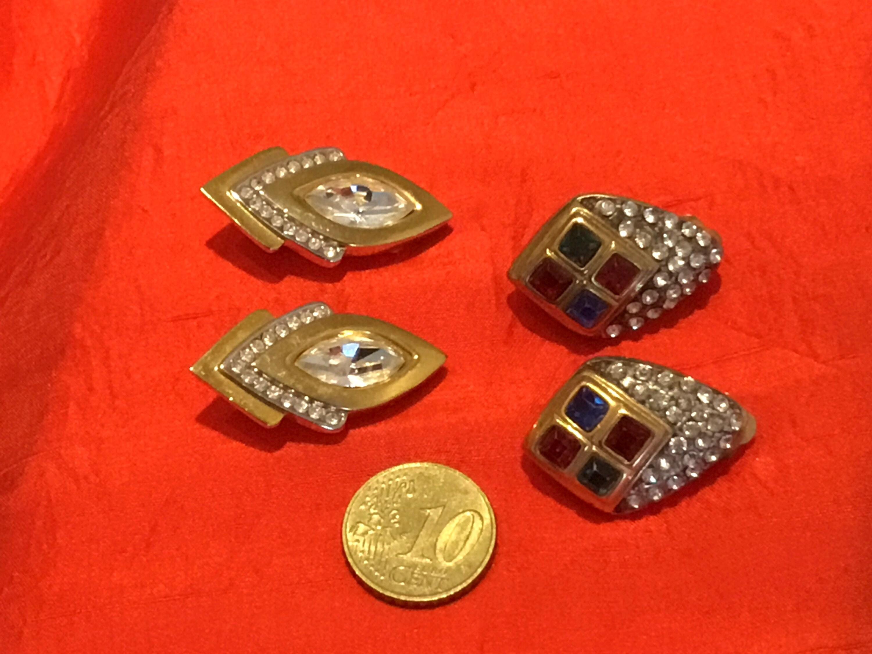 Vintage Earrings | 1990s French Gold Plated Set, Crystal Accent Pair — photo 3 of 9