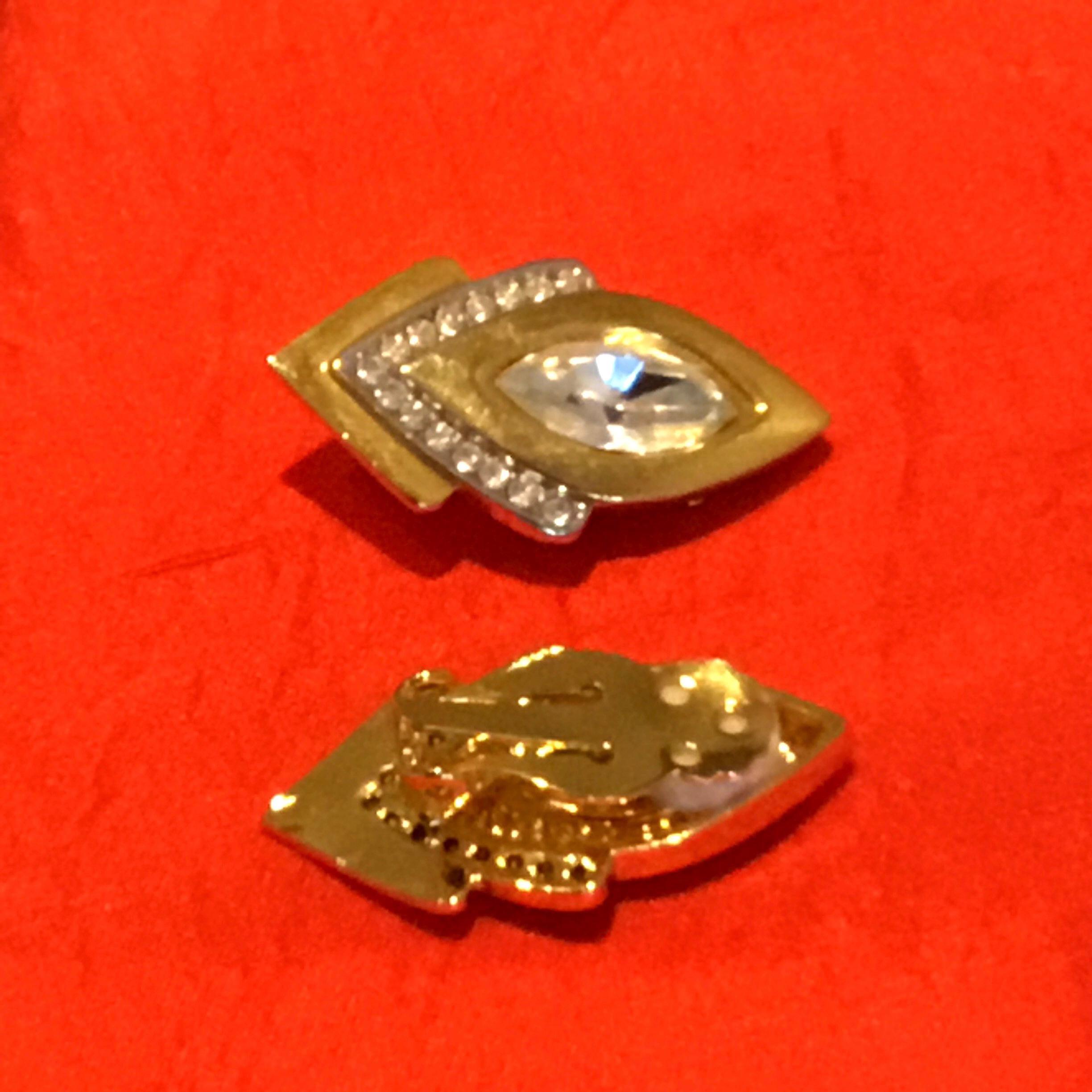 Vintage Earrings | 1990s French Gold Plated Set, Crystal Accent Pair — photo 5 of 9