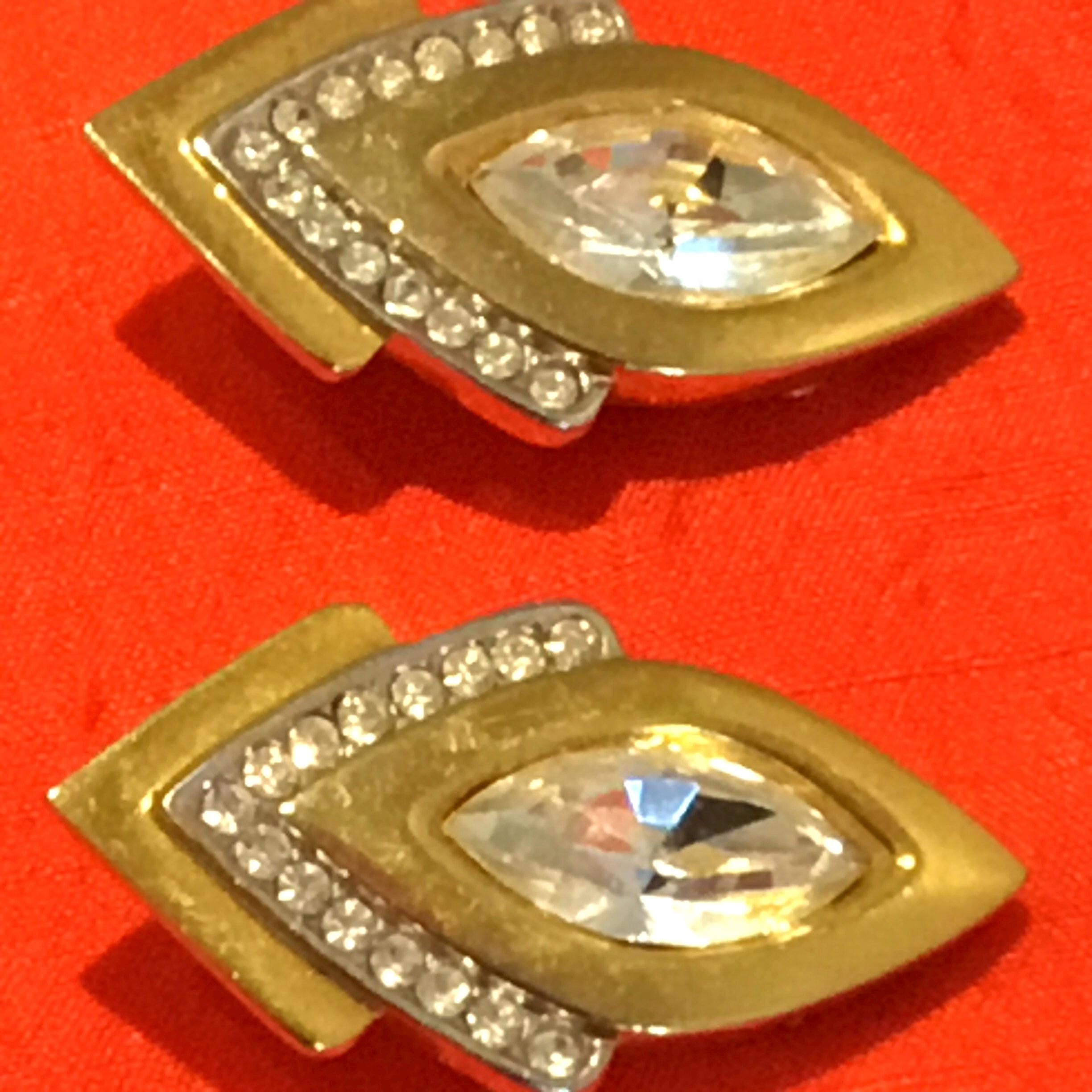 Vintage Earrings | 1990s French Gold Plated Set, Crystal Accent Pair — photo 6 of 9