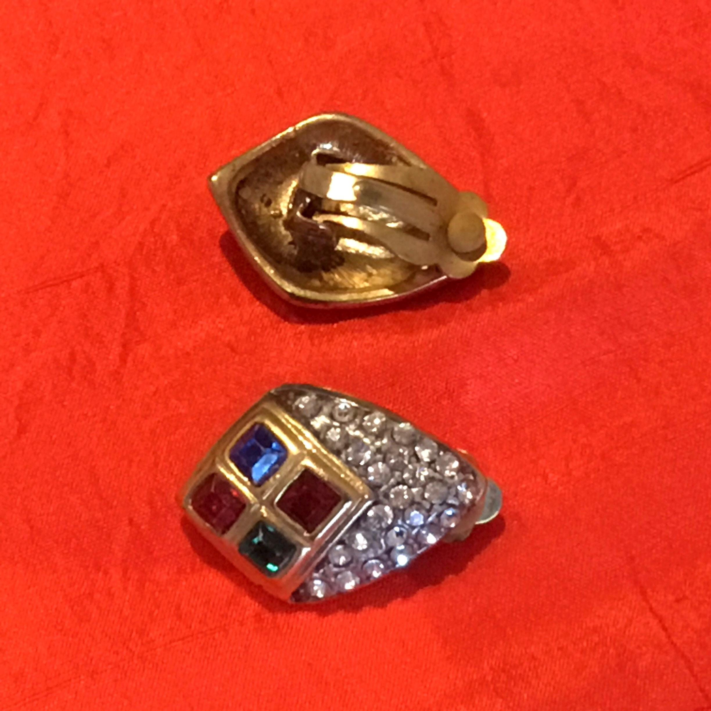 Vintage Earrings | 1990s French Gold Plated Set, Crystal Accent Pair — photo 8 of 9