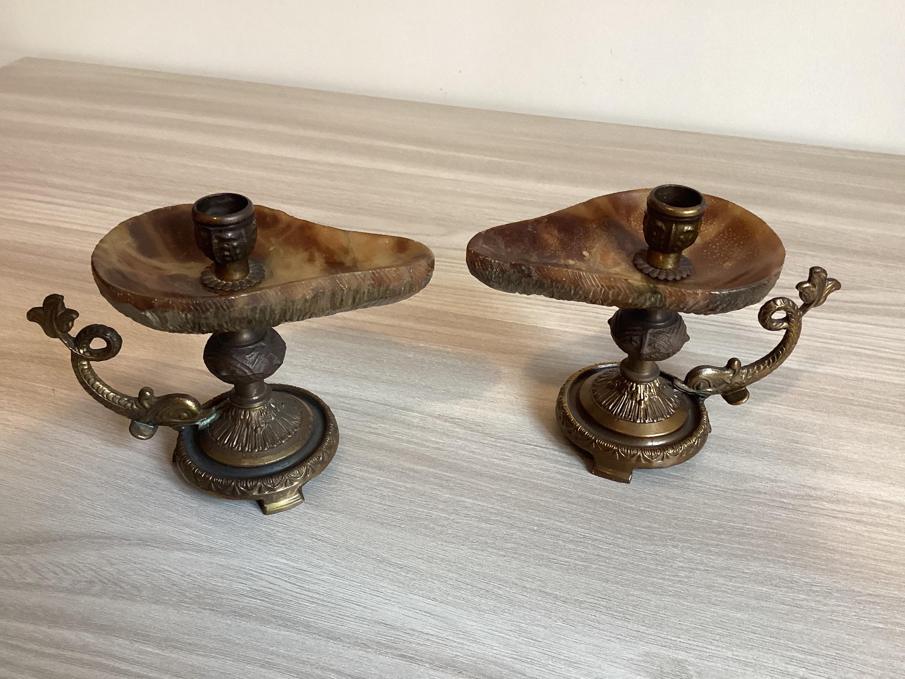Vintage Candle Holders | 1950s Italian Onyx and Brass Pair, Tuscan Imperial Stone — photo 2 of 7