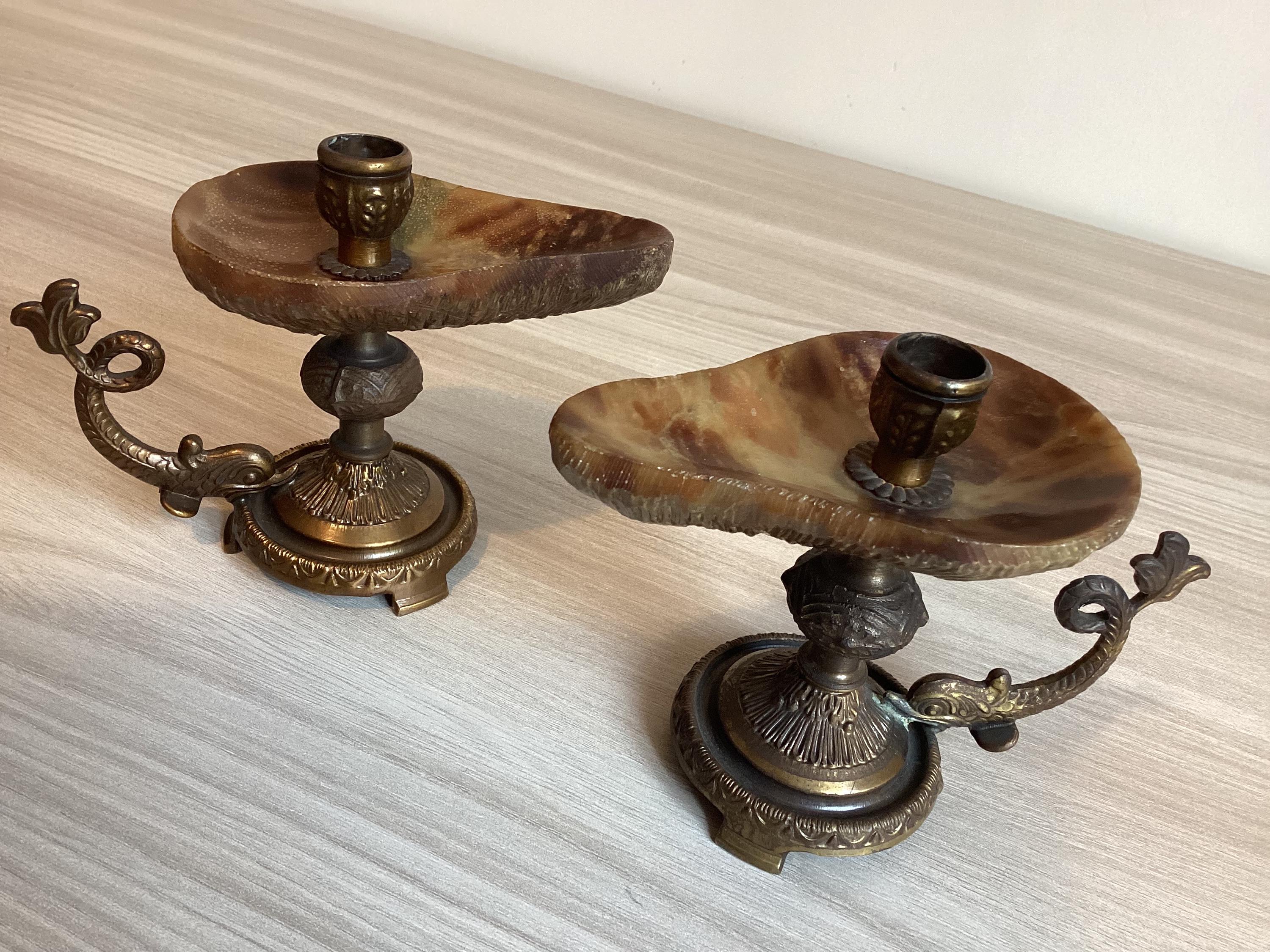 Vintage Candle Holders | 1950s Italian Onyx and Brass Pair, Tuscan Imperial Stone — photo 3 of 7