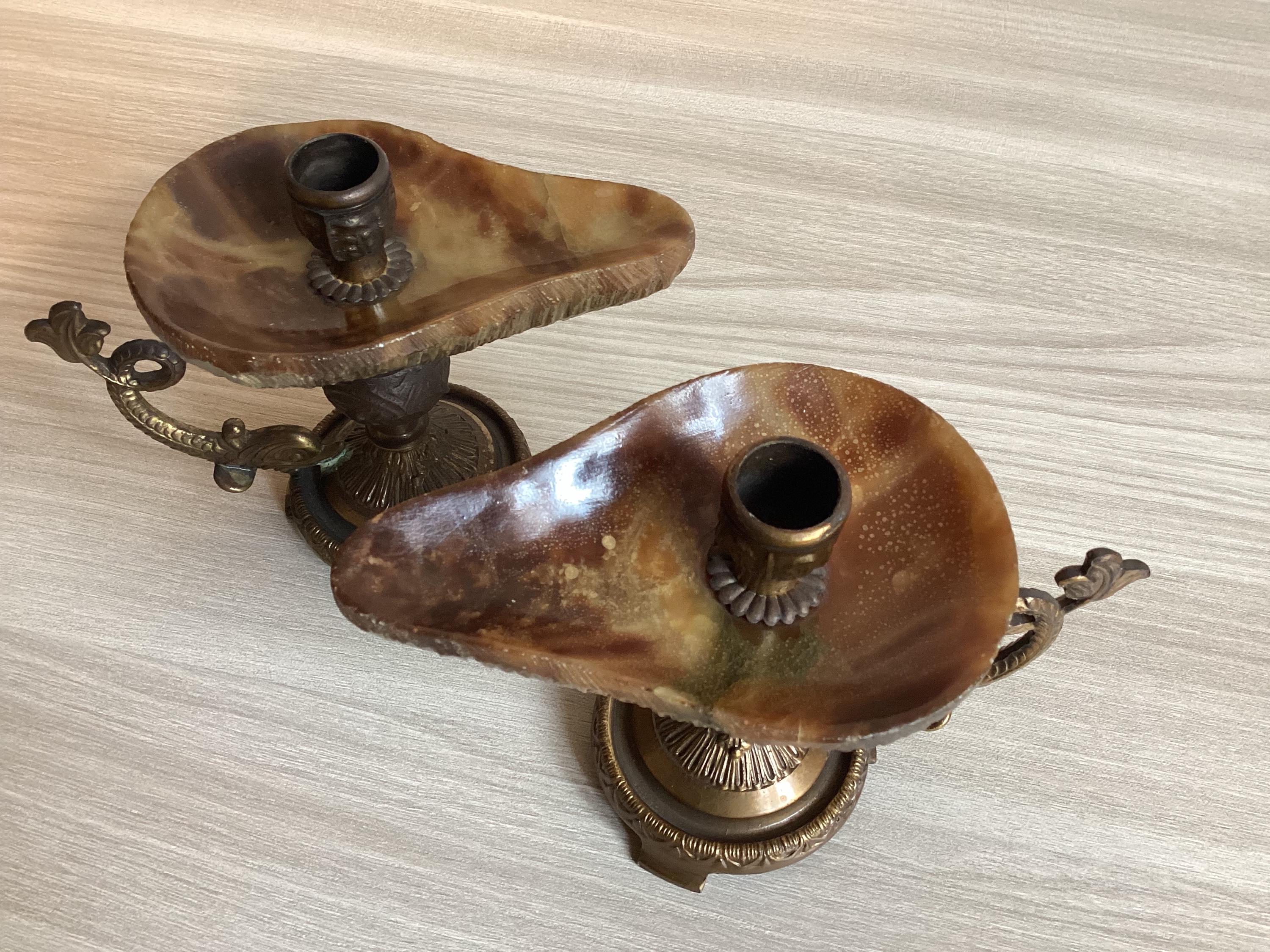 Vintage Candle Holders | 1950s Italian Onyx and Brass Pair, Tuscan Imperial Stone — photo 4 of 7
