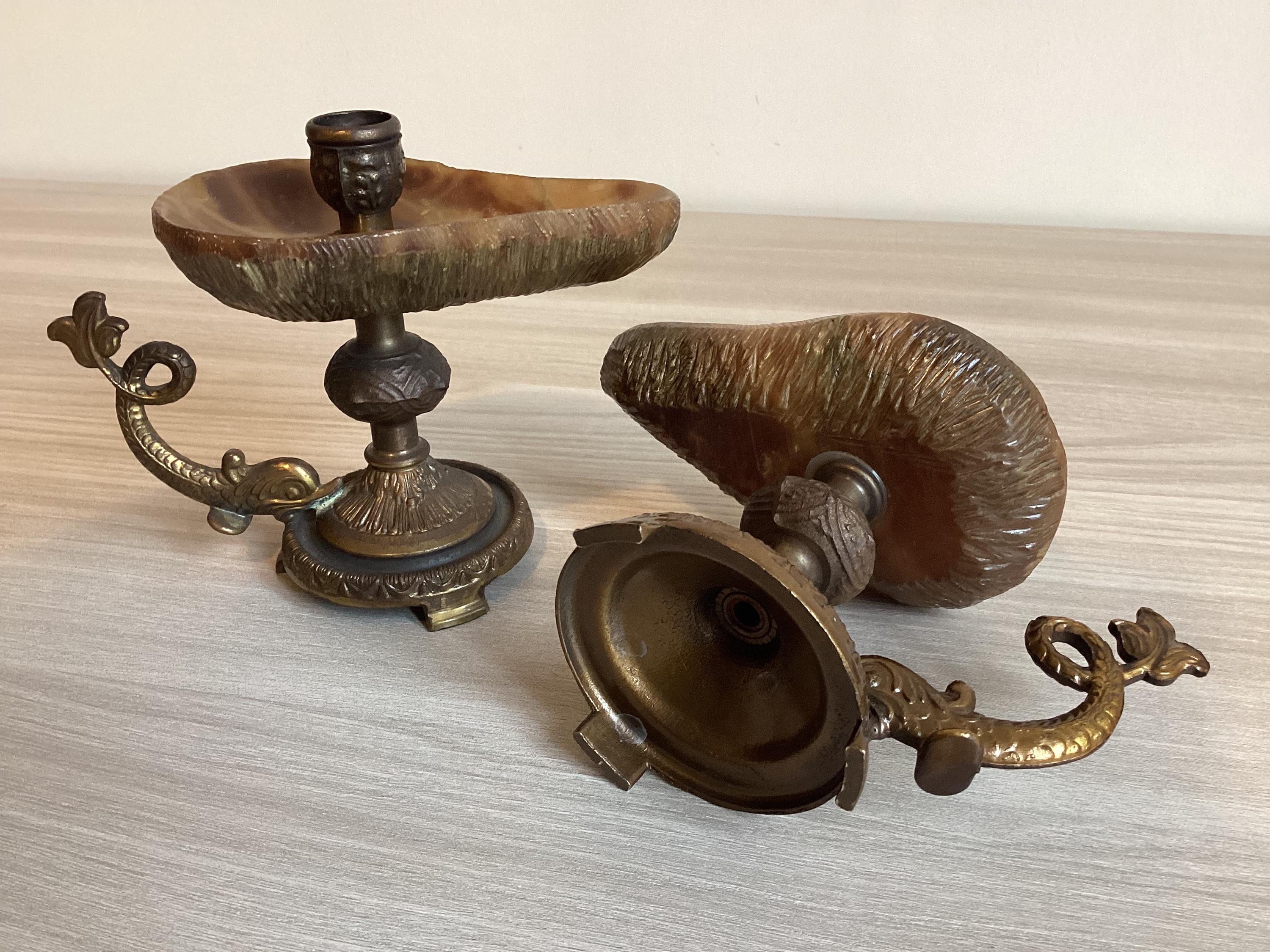 Vintage Candle Holders | 1950s Italian Onyx and Brass Pair, Tuscan Imperial Stone — photo 5 of 7