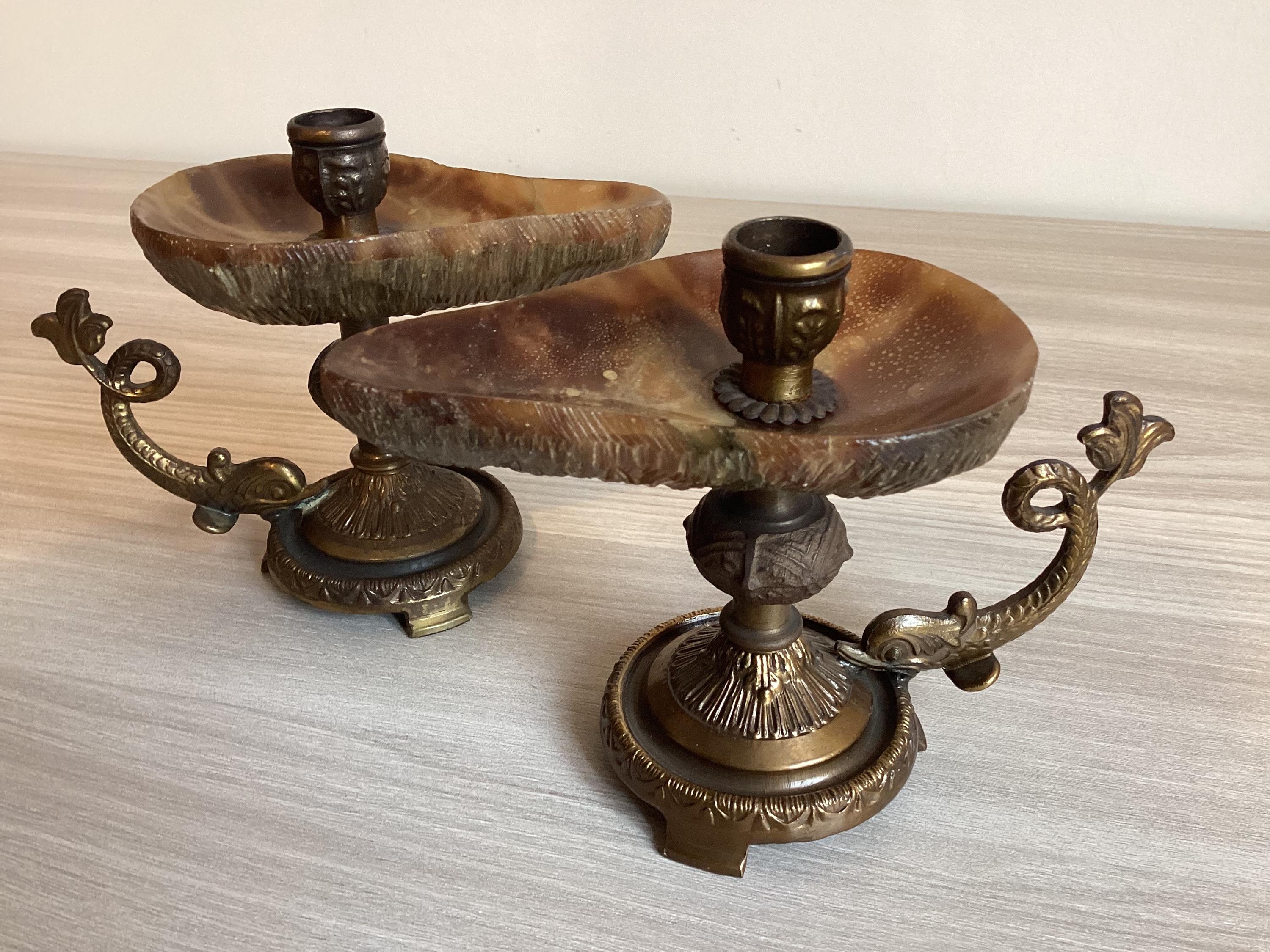 Vintage Candle Holders | 1950s Italian Onyx and Brass Pair, Tuscan Imperial Stone — photo 6 of 7