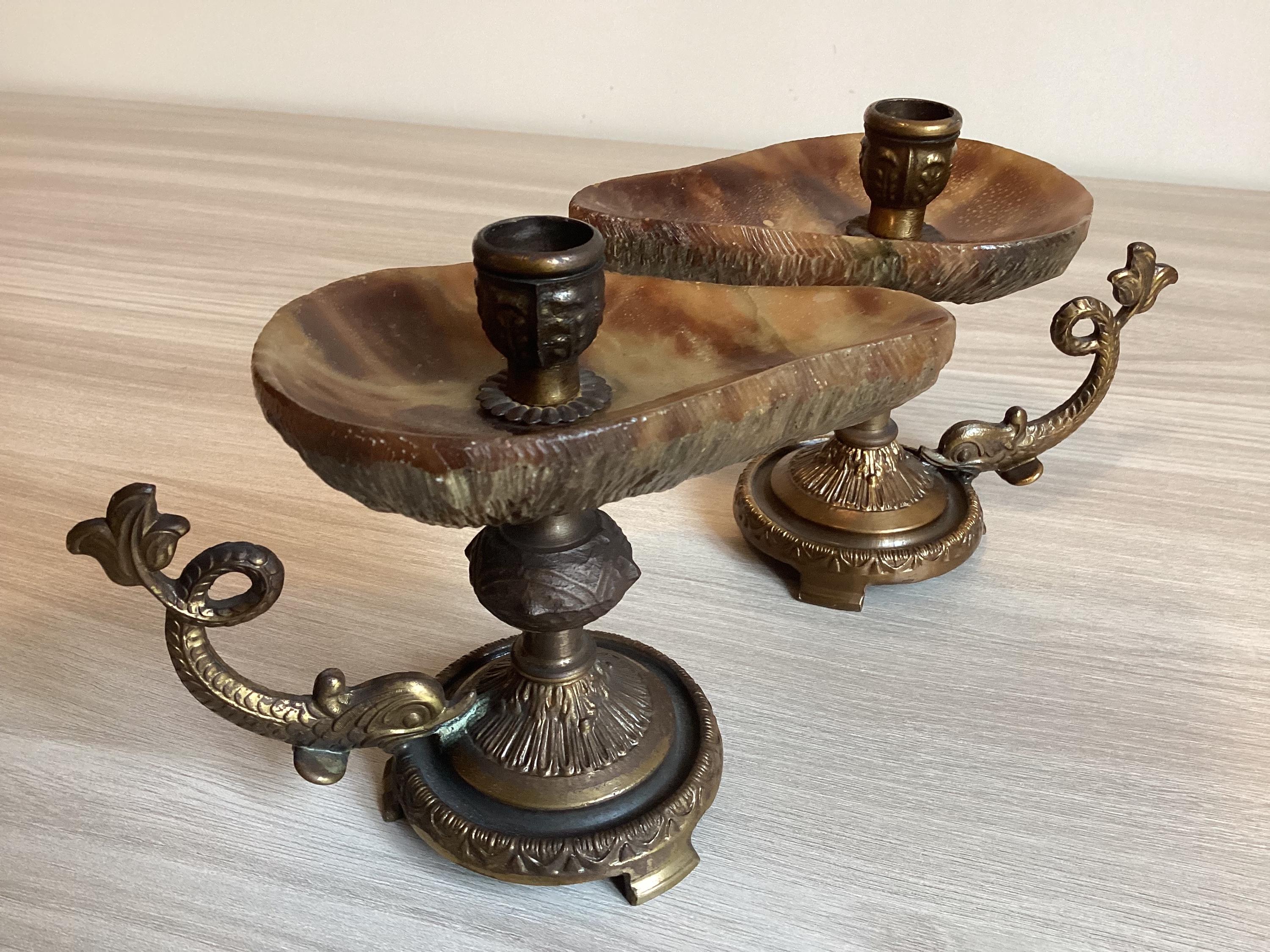Vintage Candle Holders | 1950s Italian Onyx and Brass Pair, Tuscan Imperial Stone — photo 7 of 7