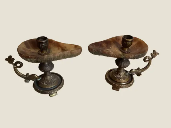 Vintage Candle Holders | 1950s Italian Onyx and Brass Pair, Tuscan Imperial Stone