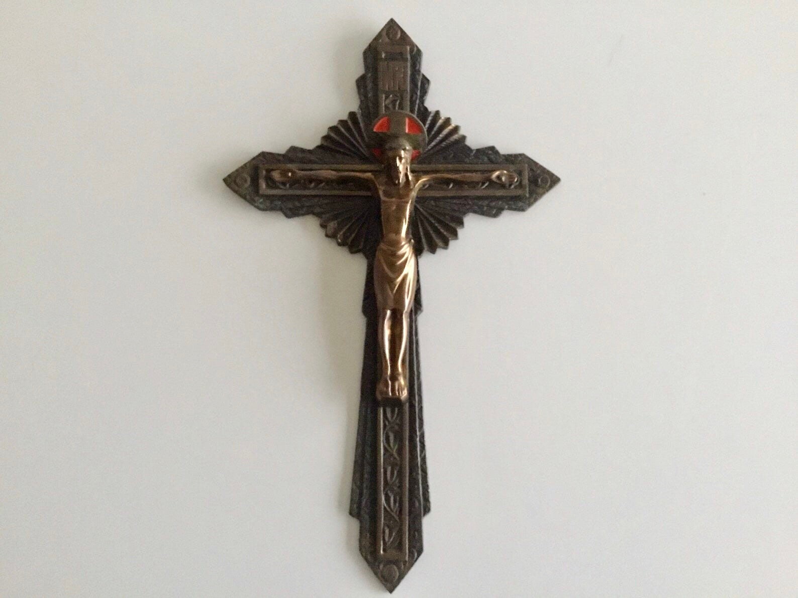 Vintage Crucifix | 1940s French Art Deco, Religious Wall Brass Cross — photo 2 of 5