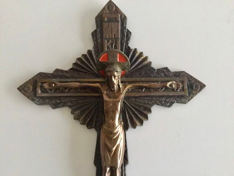 Vintage Crucifix | 1940s French Art Deco, Religious Wall Brass Cross — photo 4 of 5