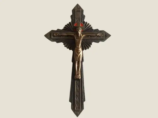 Vintage Crucifix | 1940s French Art Deco, Religious Wall Brass Cross