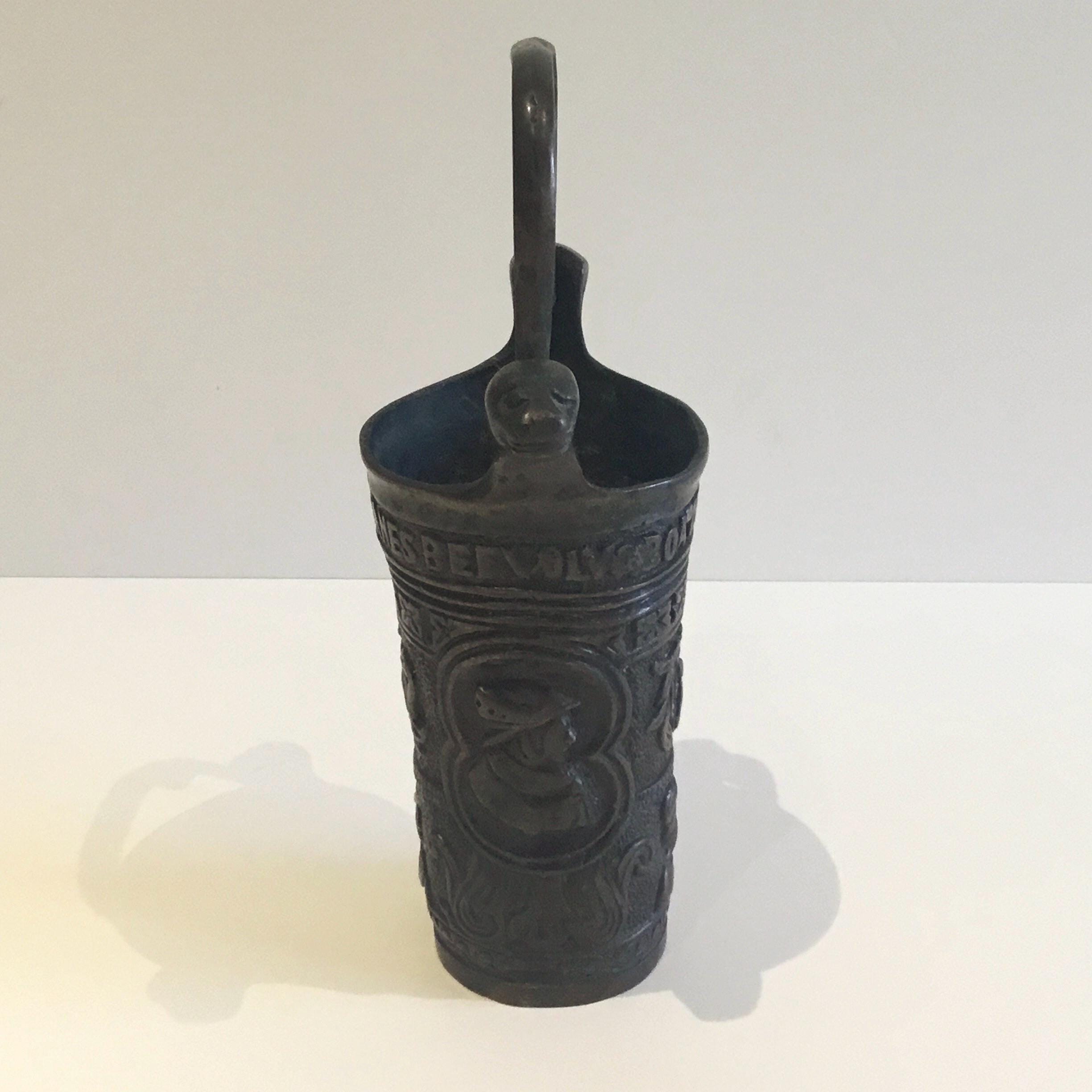 Antique Bronze Vessel | 1800s Neo Gothic Holy Water Stoup, Netherlands Inscribed — photo 5 of 11