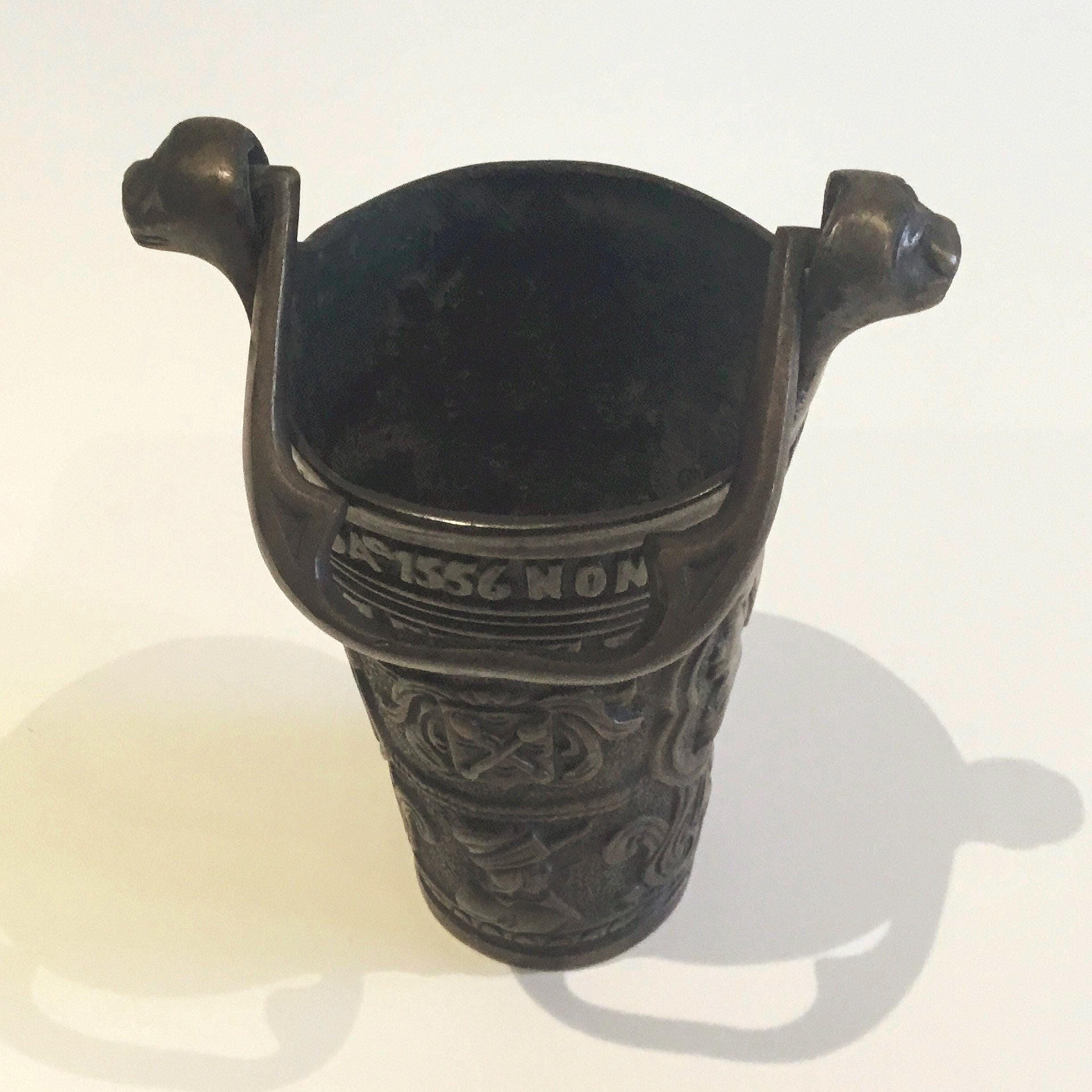 Antique Bronze Vessel | 1800s Neo Gothic Holy Water Stoup, Netherlands Inscribed — photo 6 of 11
