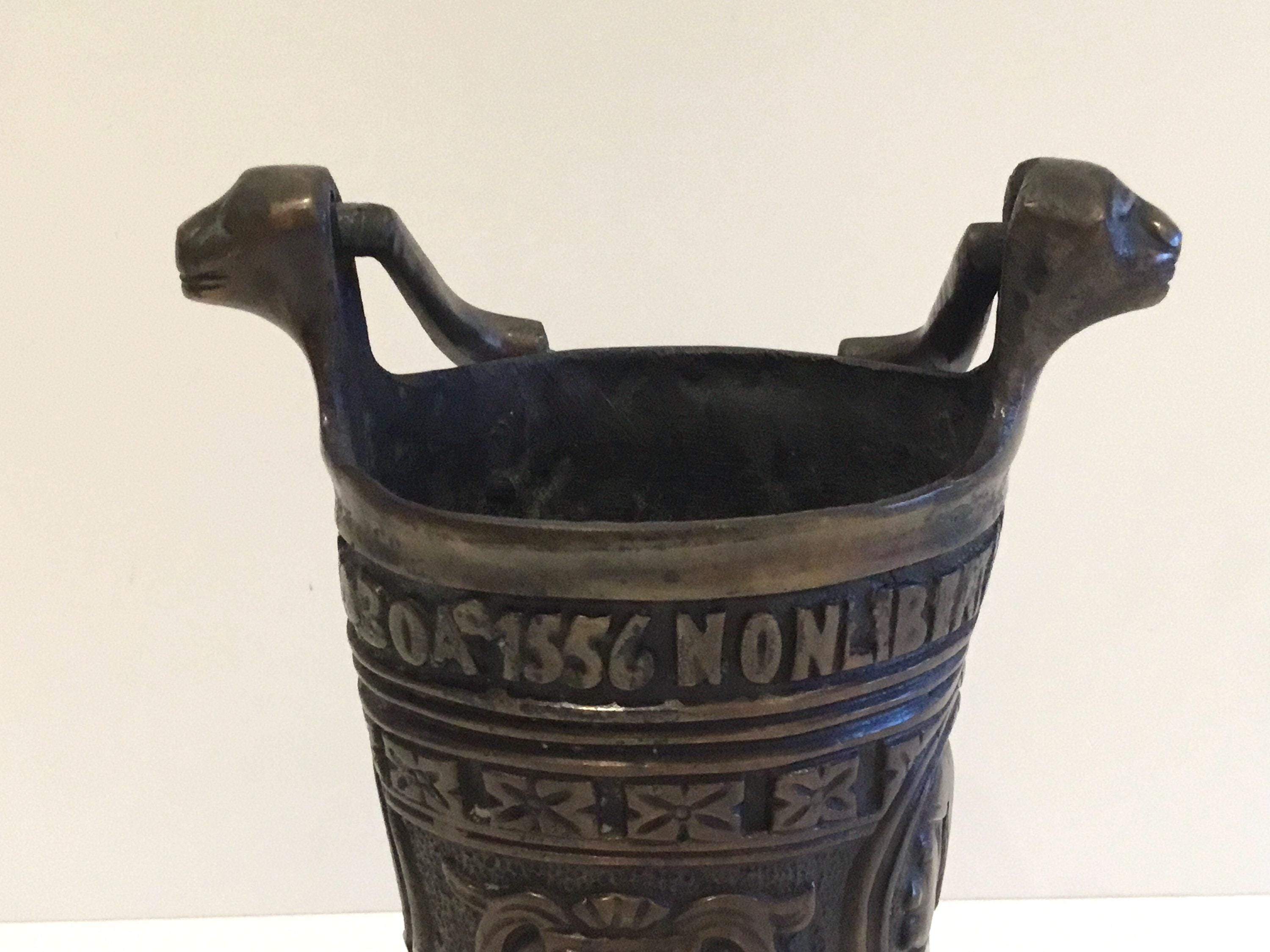 Antique Bronze Vessel | 1800s Neo Gothic Holy Water Stoup, Netherlands Inscribed — photo 8 of 11