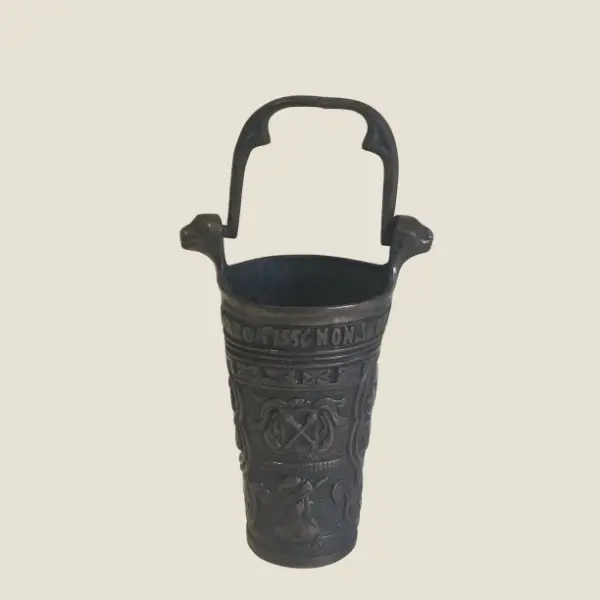 Antique Bronze Vessel | 1800s Neo Gothic Holy Water Stoup, Netherlands Inscribed