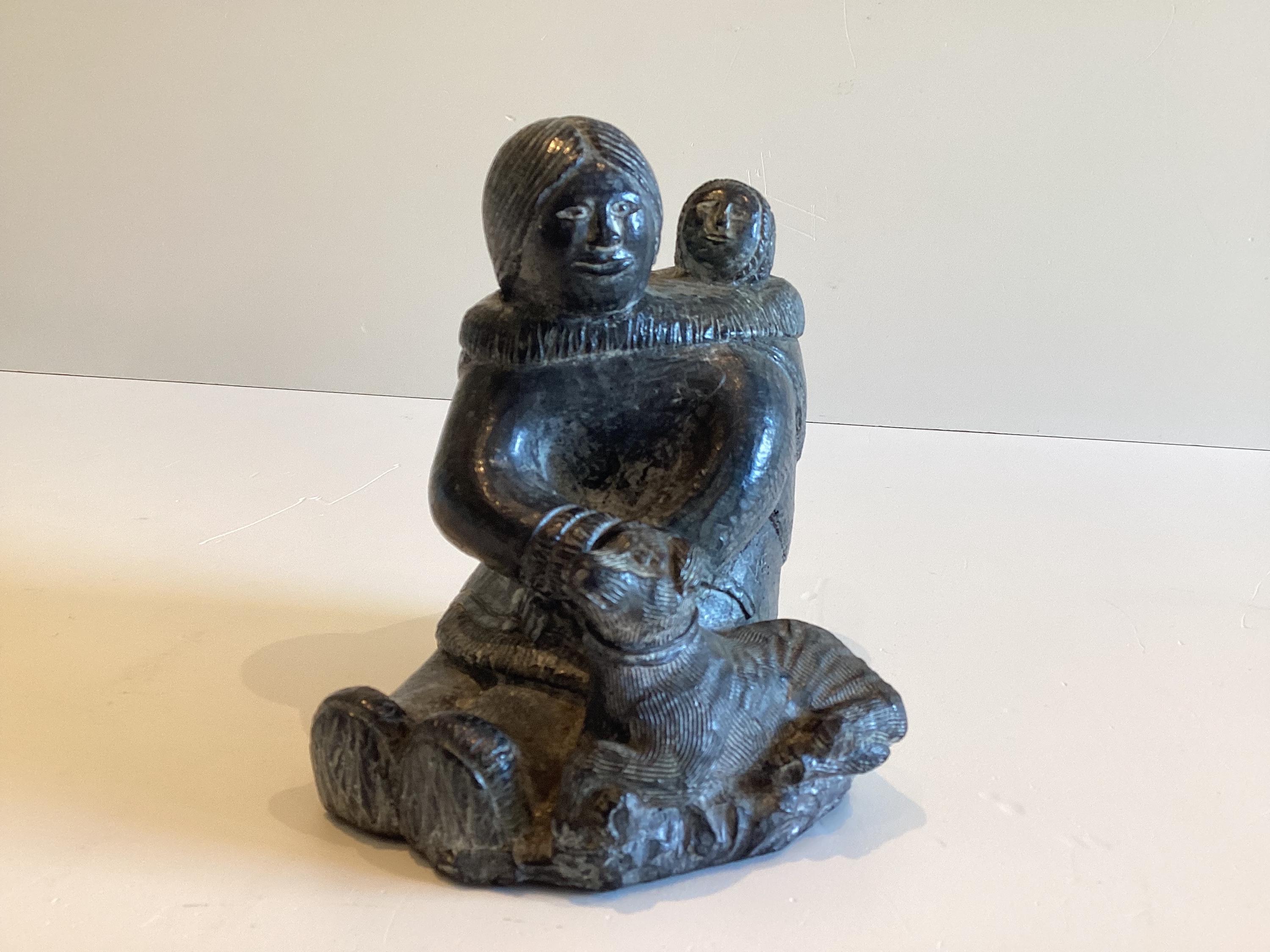 Vintage Inuit Sculpture | 1970s Wolf Enterprises Canada Signed WE, Soapstone Mother & Child — photo 2 of 11