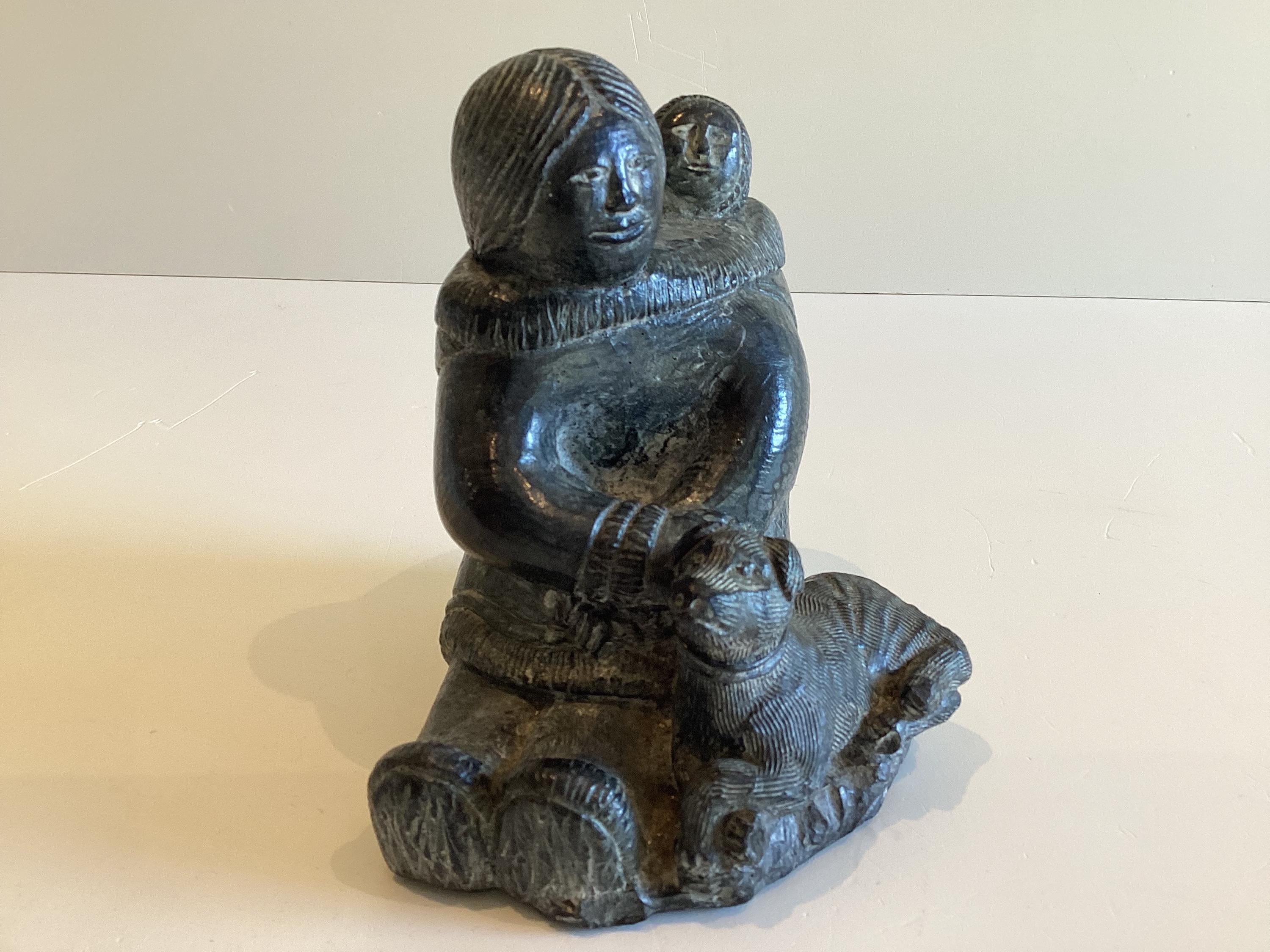 Vintage Inuit Sculpture | 1970s Wolf Enterprises Canada Signed WE, Soapstone Mother & Child — photo 3 of 11
