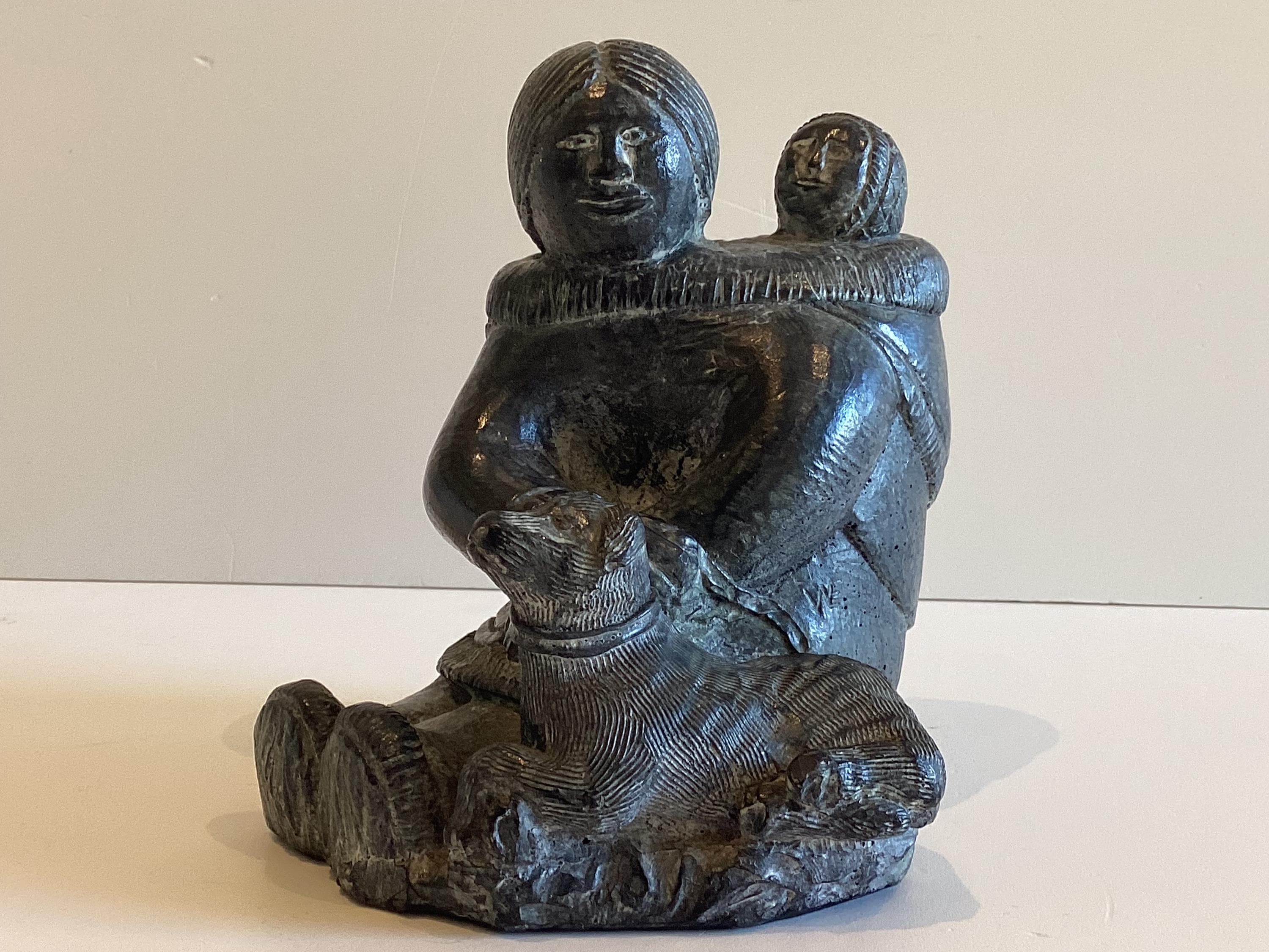 Vintage Inuit Sculpture | 1970s Wolf Enterprises Canada Signed WE, Soapstone Mother & Child — photo 4 of 11