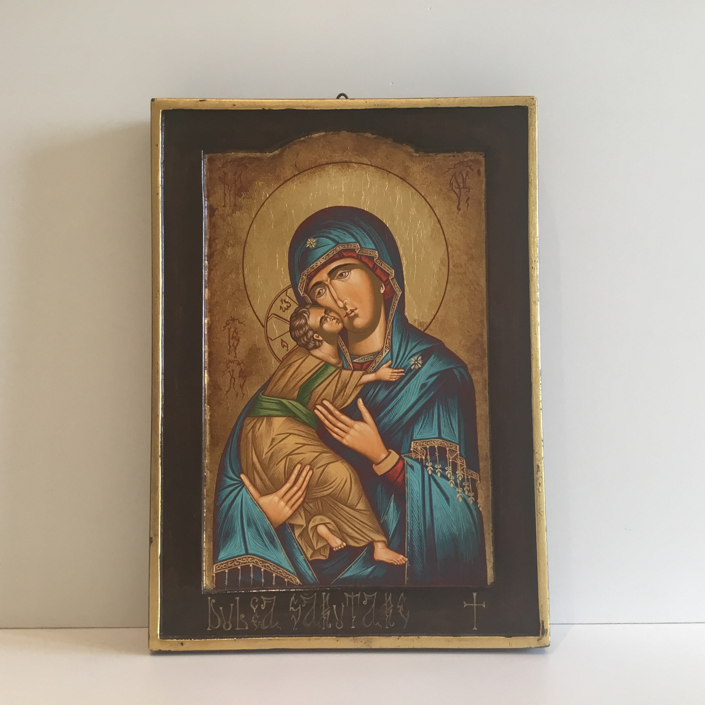 Vintage Greek Icon | 1980s Madonna of Tenderness, Hand Painted Tempera on Wood — photo 2 of 10
