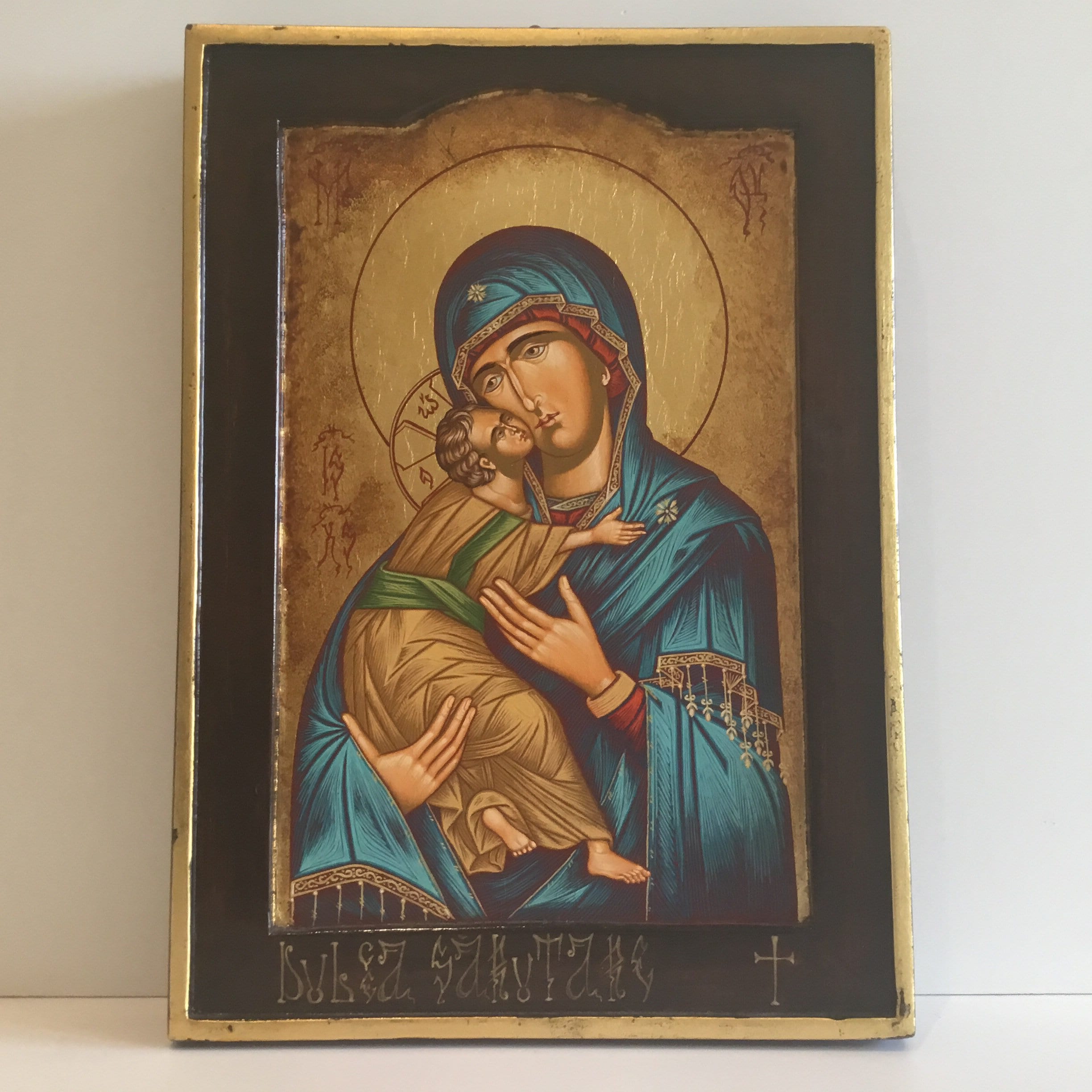 Vintage Greek Icon | 1980s Madonna of Tenderness, Hand Painted Tempera on Wood — photo 3 of 10