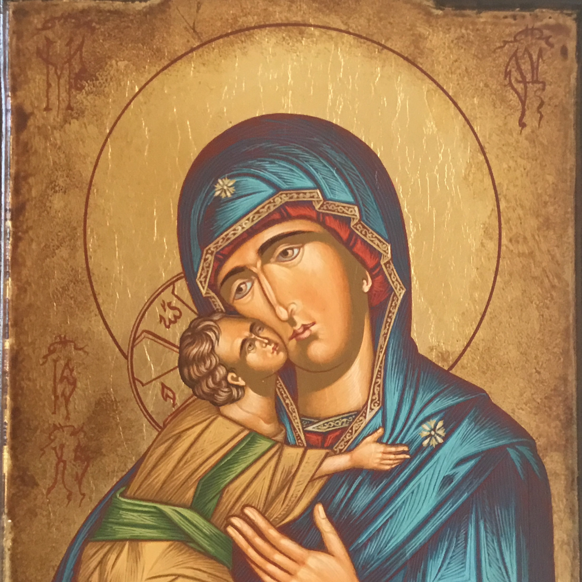 Vintage Greek Icon | 1980s Madonna of Tenderness, Hand Painted Tempera on Wood — photo 4 of 10