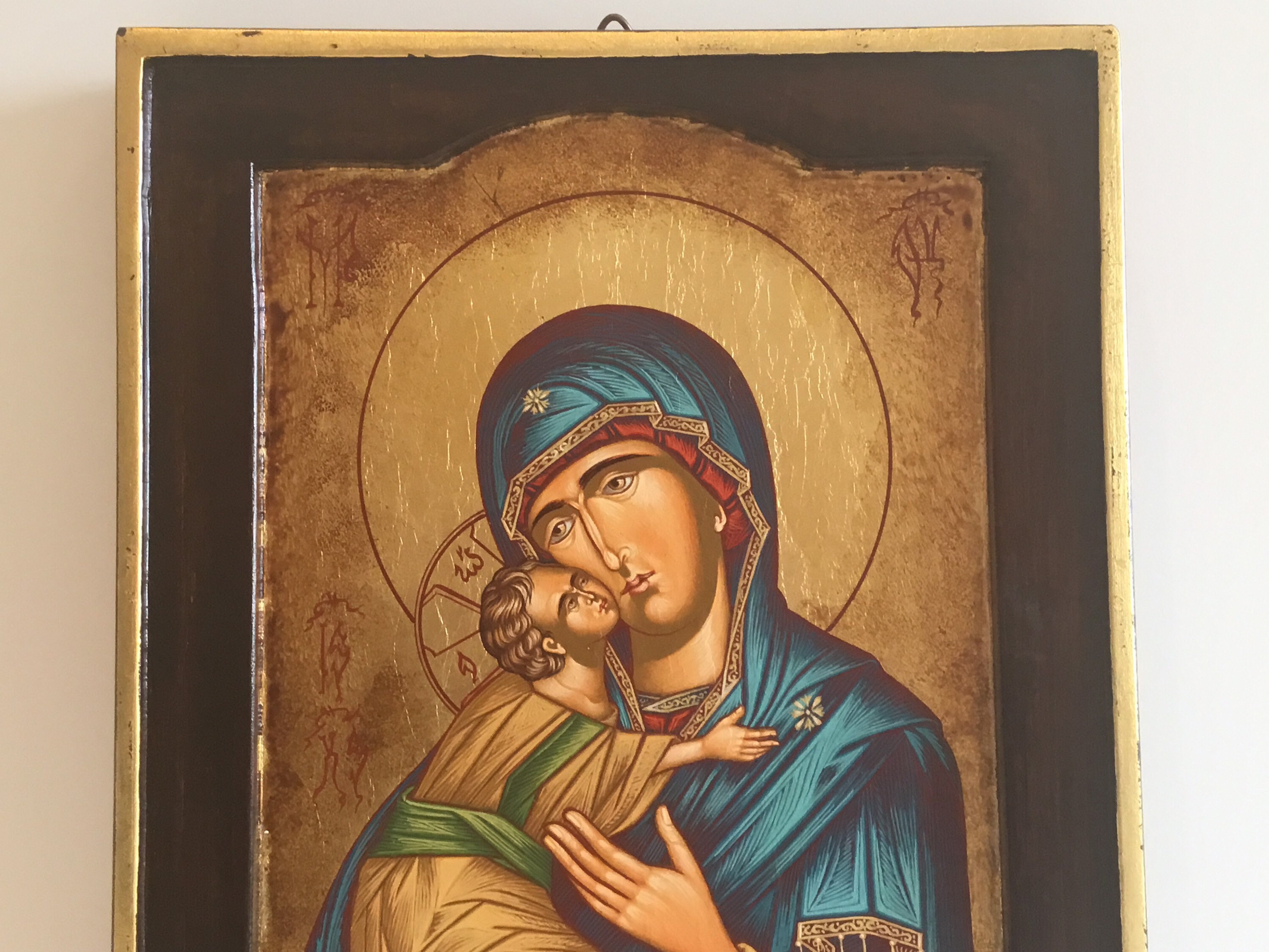 Vintage Greek Icon | 1980s Madonna of Tenderness, Hand Painted Tempera on Wood — photo 5 of 10