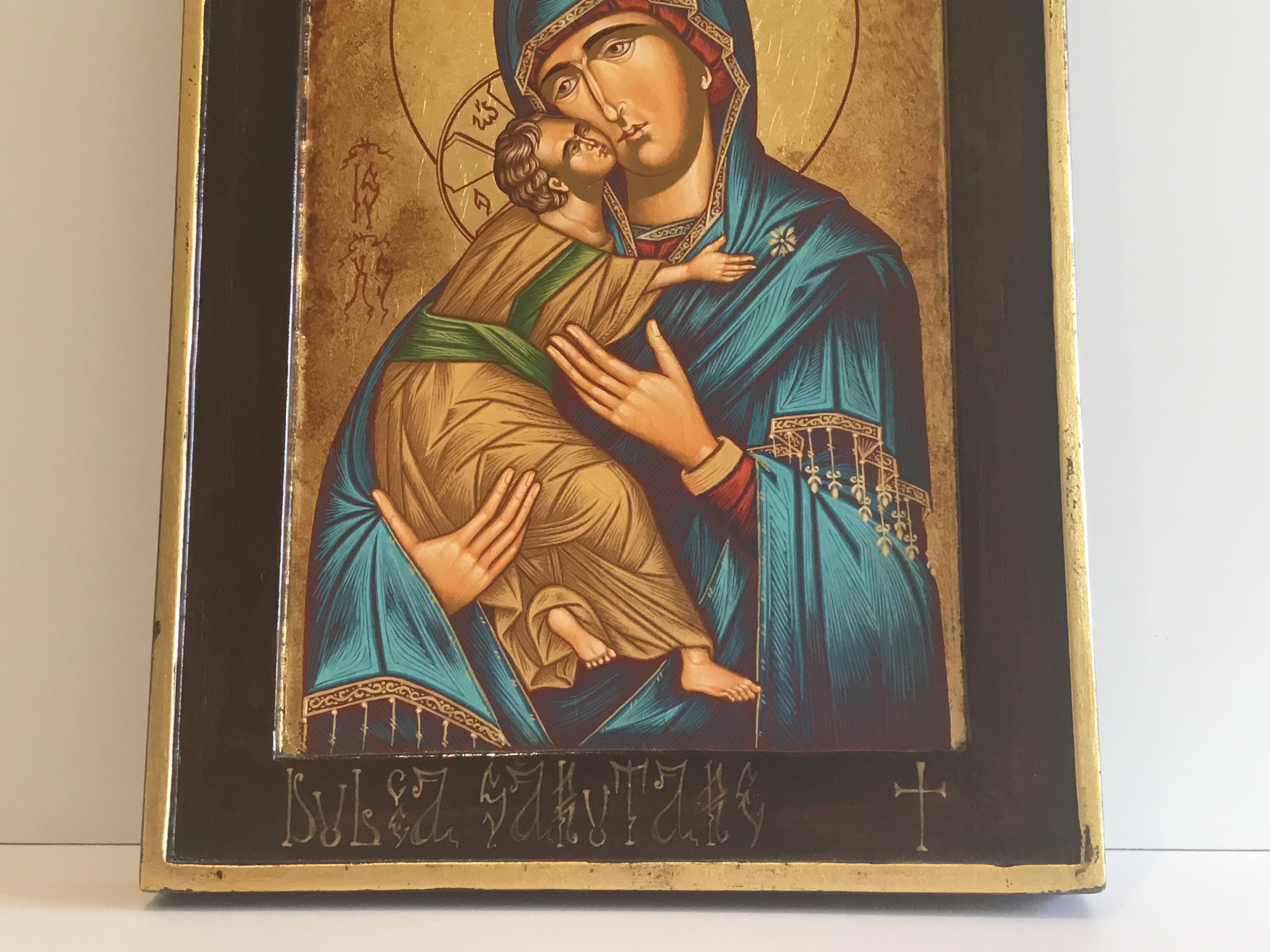 Vintage Greek Icon | 1980s Madonna of Tenderness, Hand Painted Tempera on Wood — photo 6 of 10