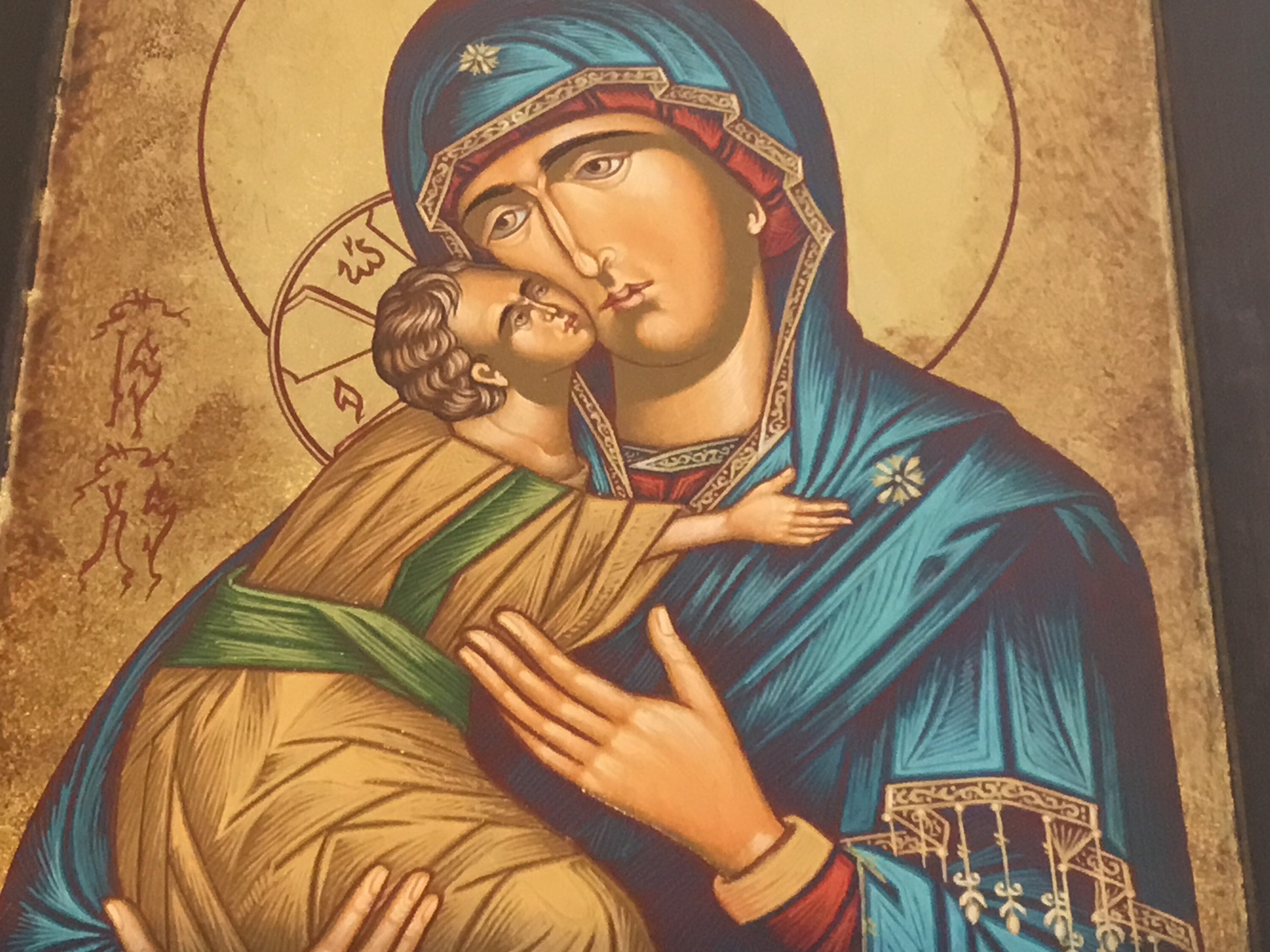 Vintage Greek Icon | 1980s Madonna of Tenderness, Hand Painted Tempera on Wood — photo 7 of 10