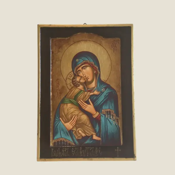 Vintage Greek Icon | 1980s Madonna of Tenderness, Hand Painted Tempera on Wood