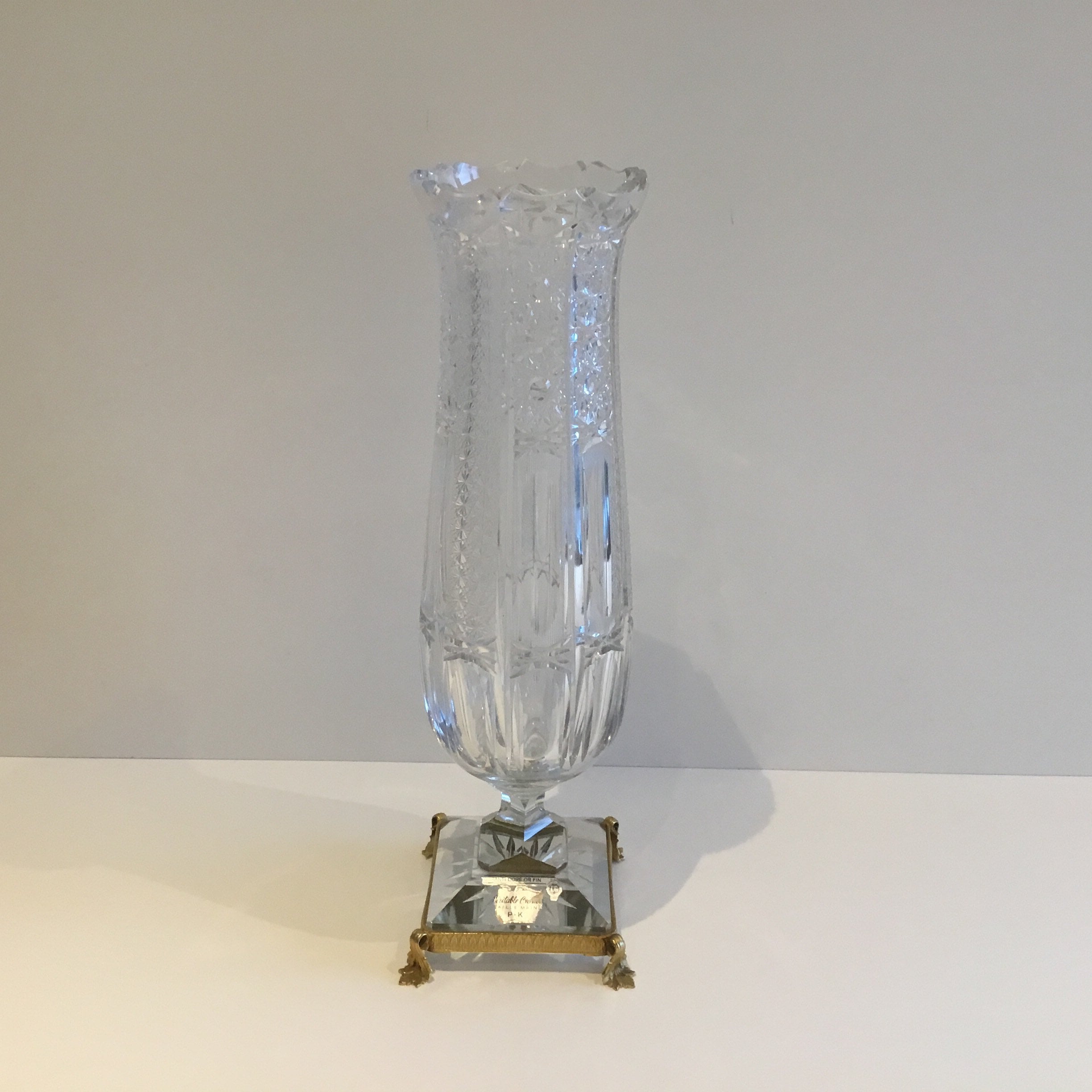 Vintage Bohemian Crystal Vase | 1950s Hand-Cut, Gold Metal Pedestal, Czechoslovakia — photo 2 of 8