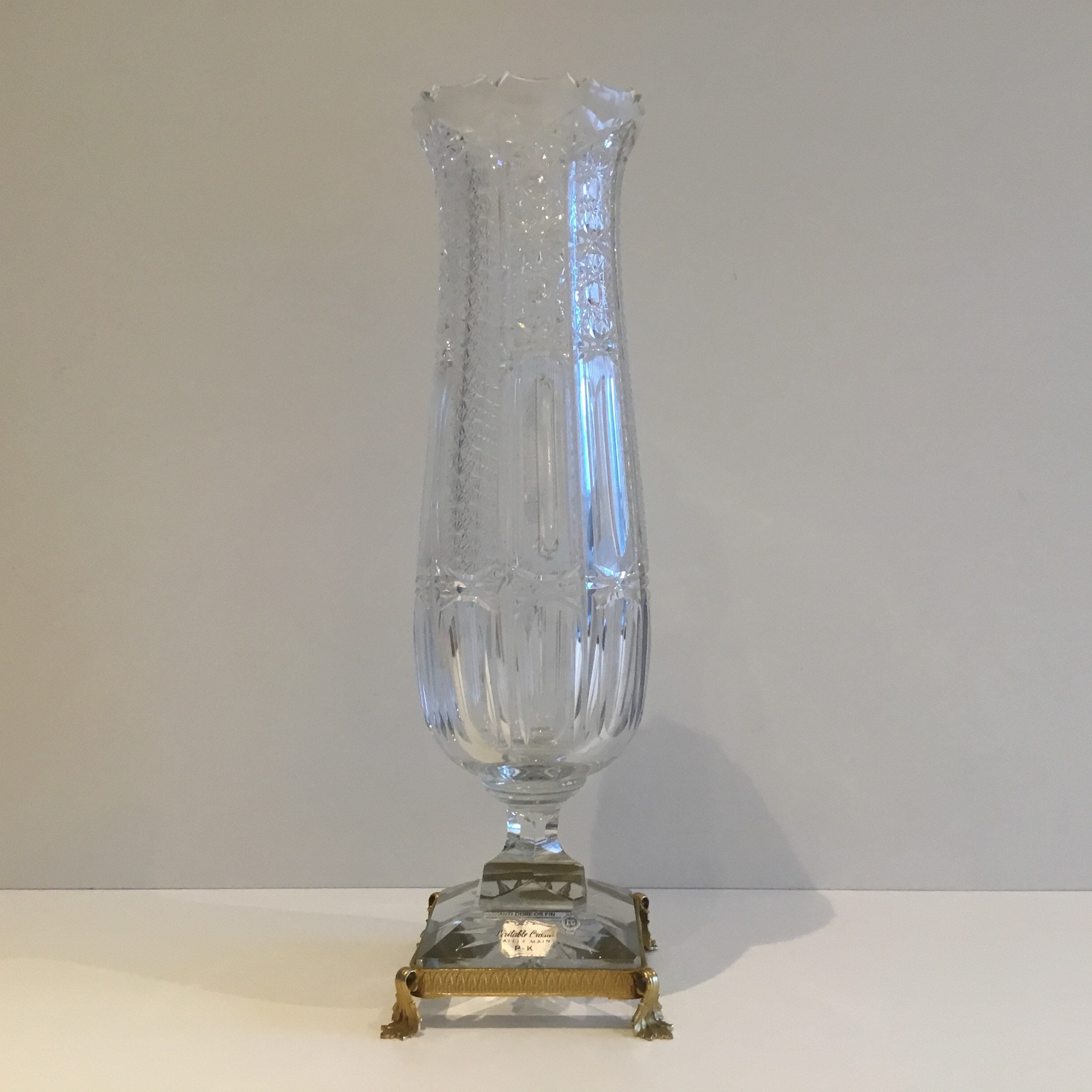 Vintage Bohemian Crystal Vase | 1950s Hand-Cut, Gold Metal Pedestal, Czechoslovakia — photo 3 of 8