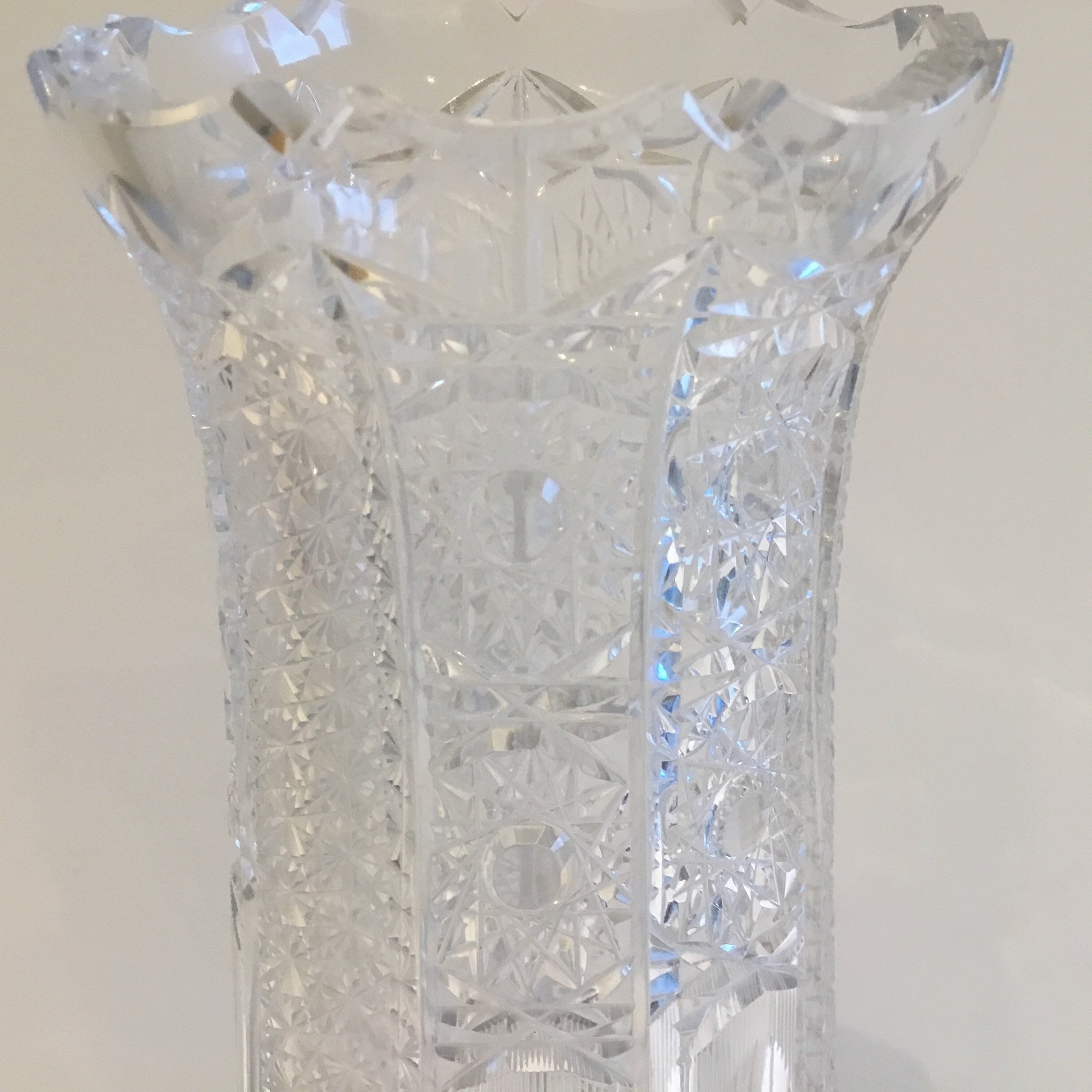 Vintage Bohemian Crystal Vase | 1950s Hand-Cut, Gold Metal Pedestal, Czechoslovakia — photo 4 of 8