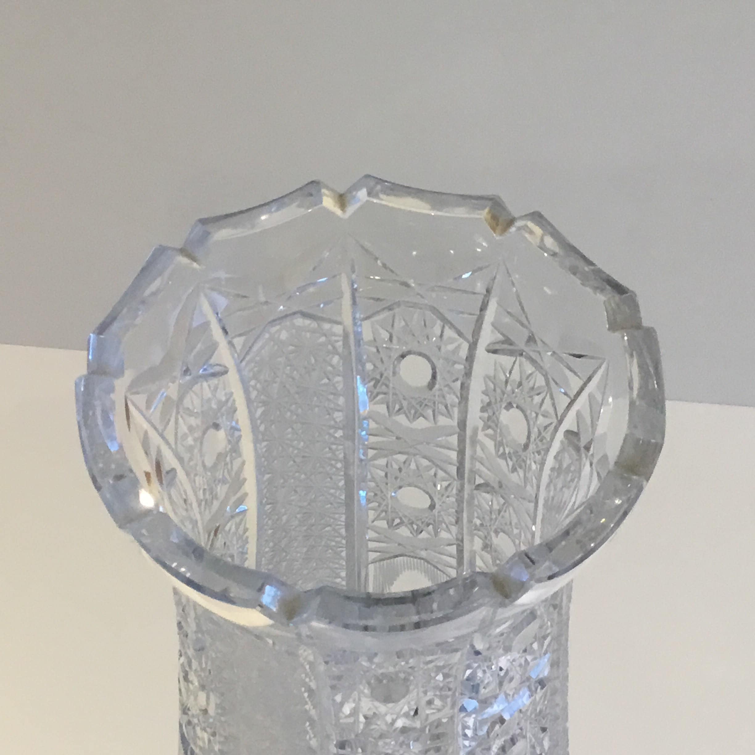 Vintage Bohemian Crystal Vase | 1950s Hand-Cut, Gold Metal Pedestal, Czechoslovakia — photo 5 of 8