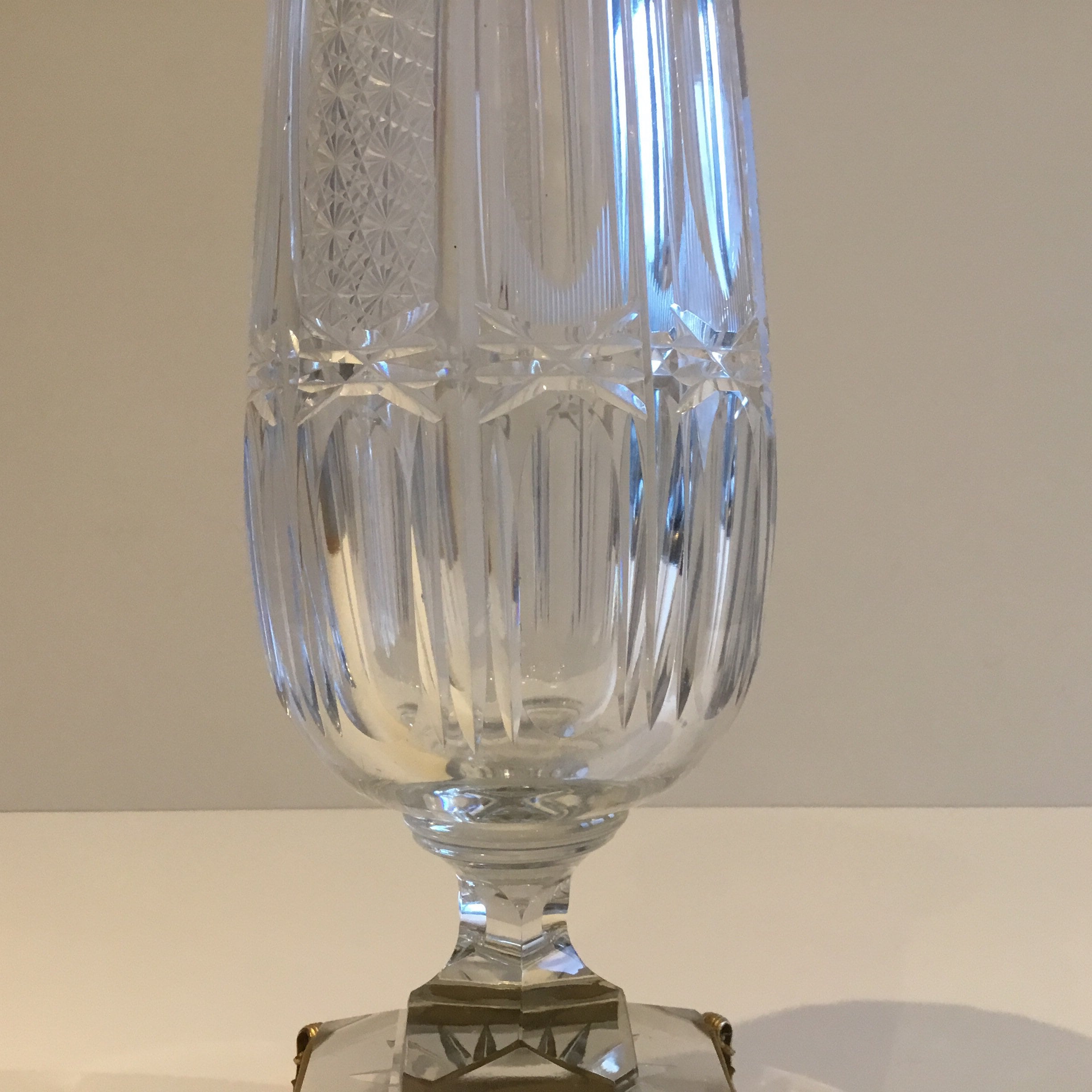 Vintage Bohemian Crystal Vase | 1950s Hand-Cut, Gold Metal Pedestal, Czechoslovakia — photo 6 of 8