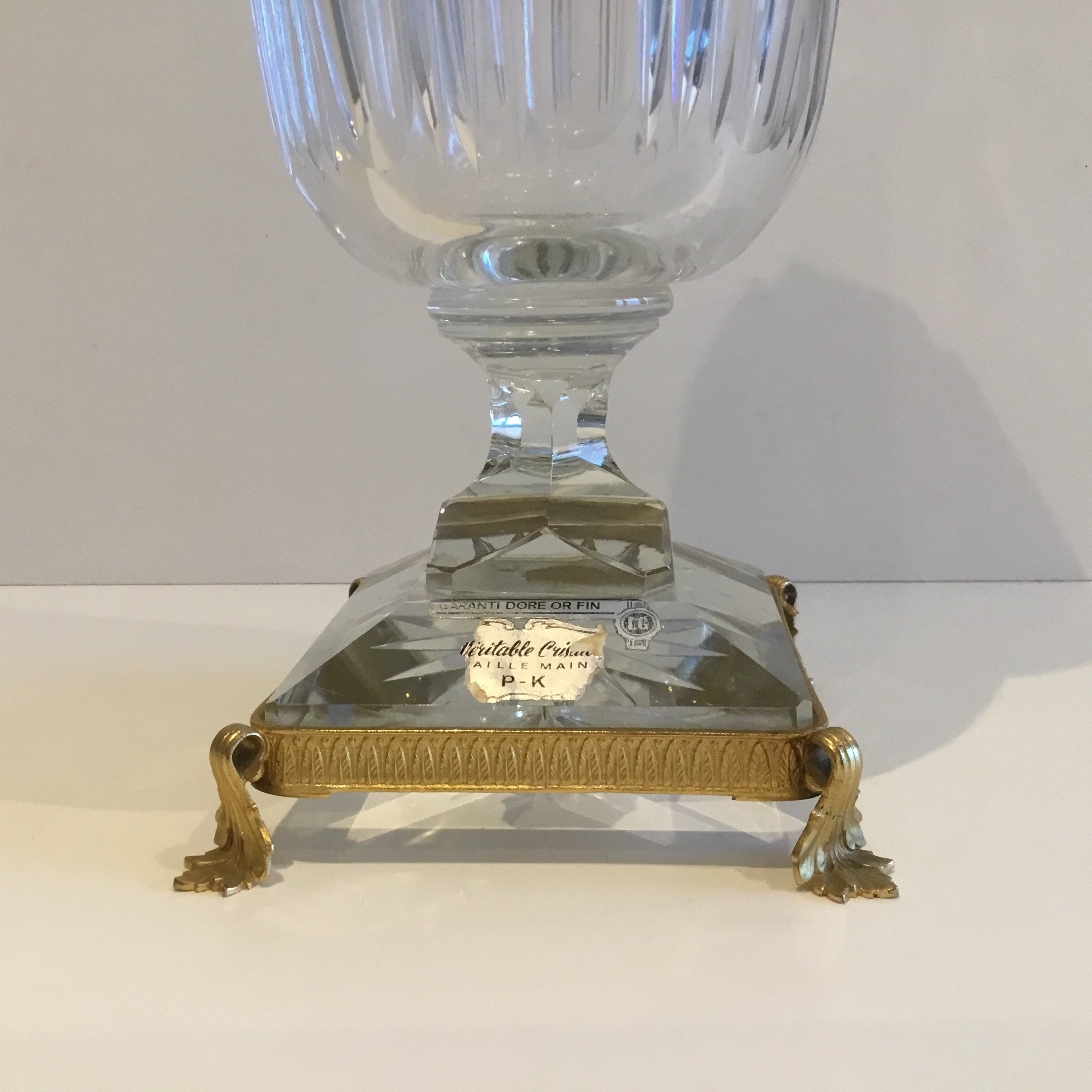 Vintage Bohemian Crystal Vase | 1950s Hand-Cut, Gold Metal Pedestal, Czechoslovakia — photo 7 of 8